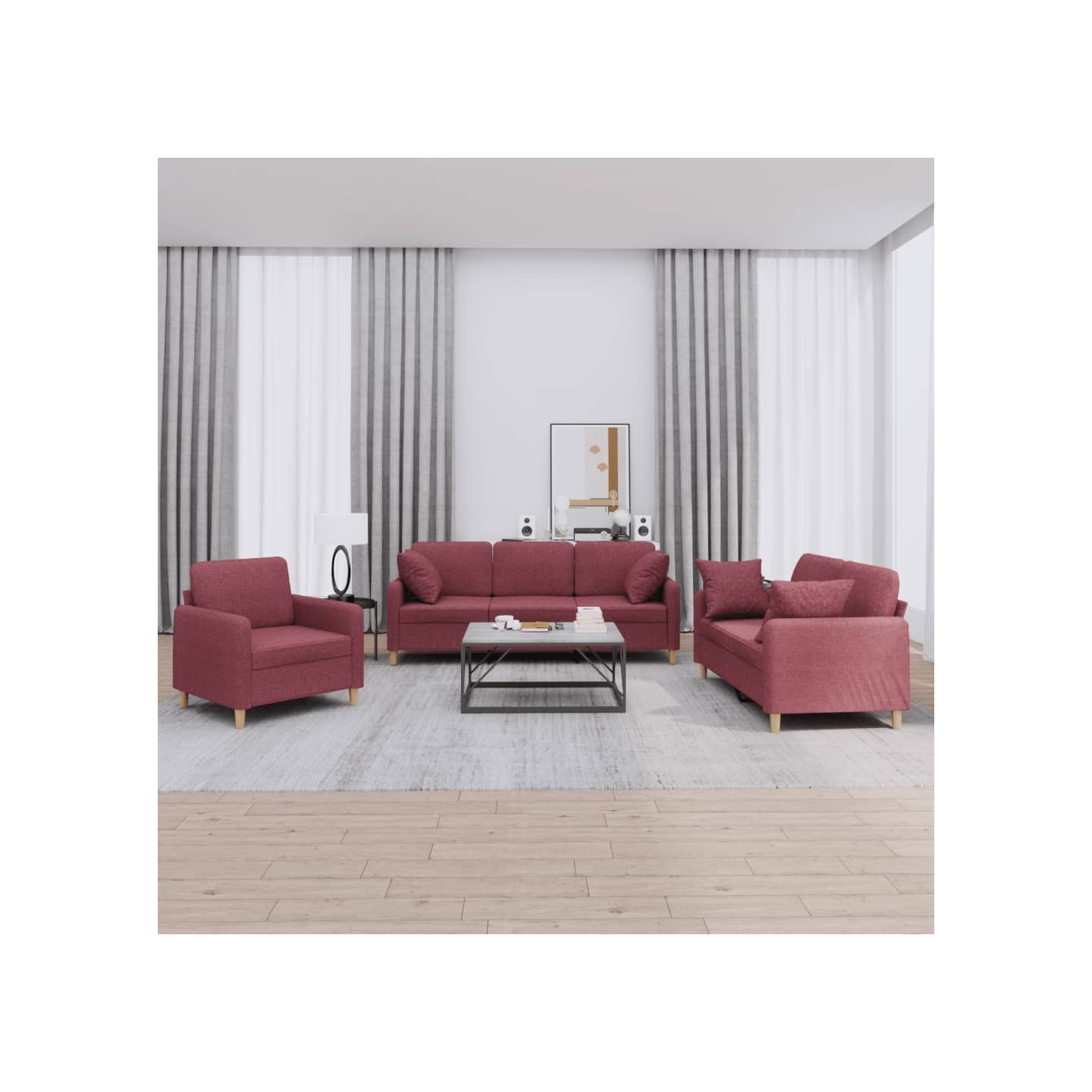 Ensemble de canapés 3 pcs avec coussins rouge bordeaux tissu
