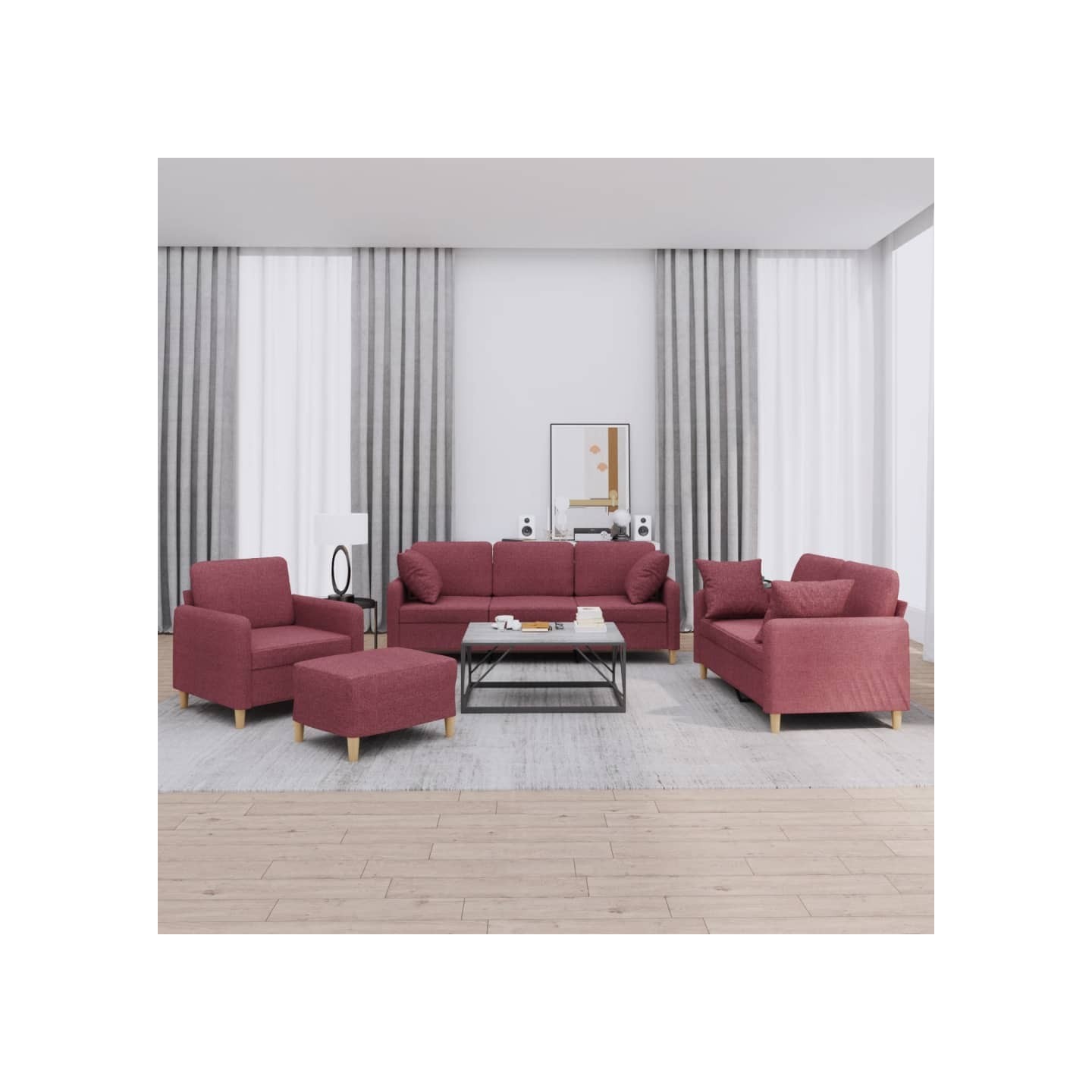 Ensemble de canapés 4 pcs avec coussins rouge bordeaux tissu
