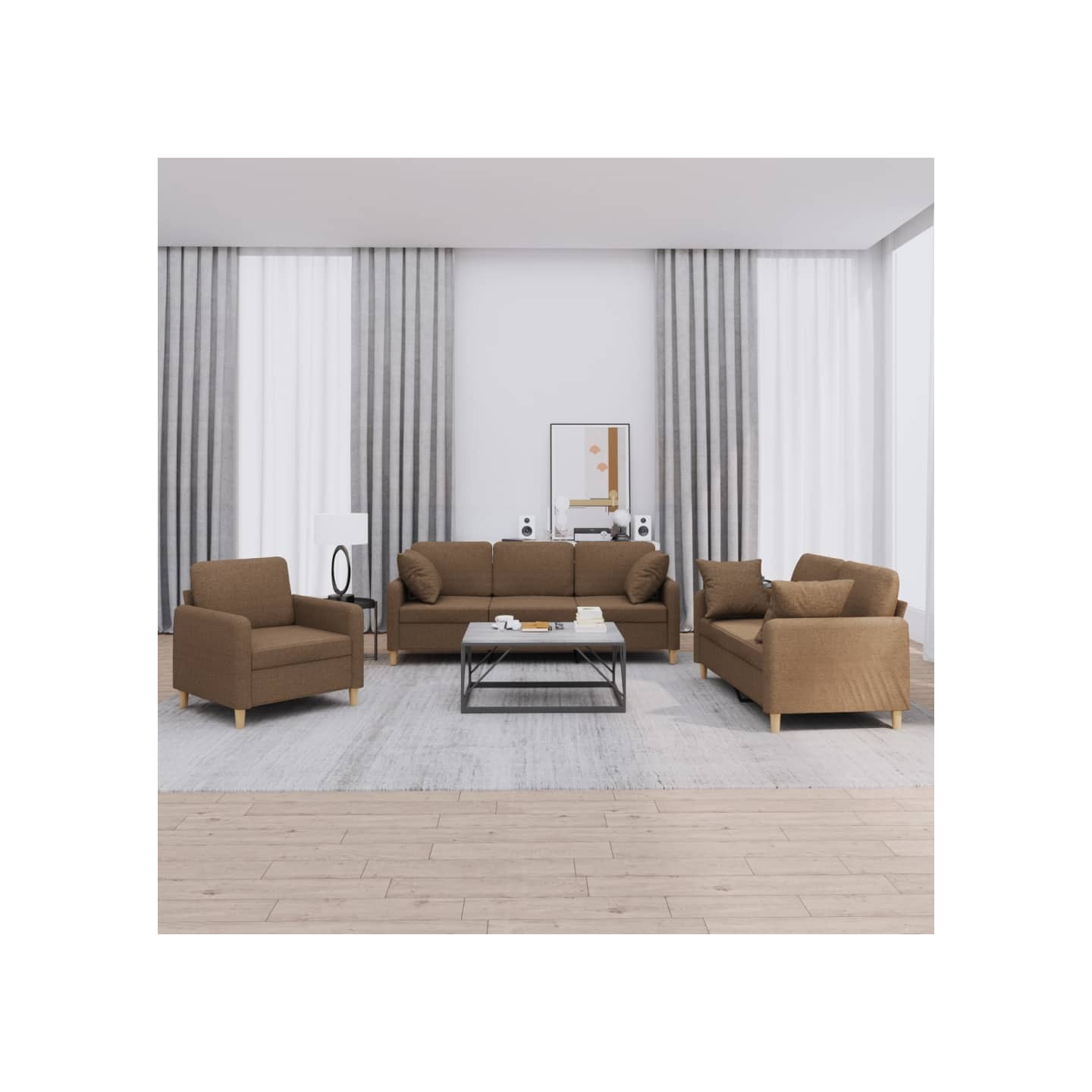 Ensemble de canapés 3 pcs avec coussins marron tissu