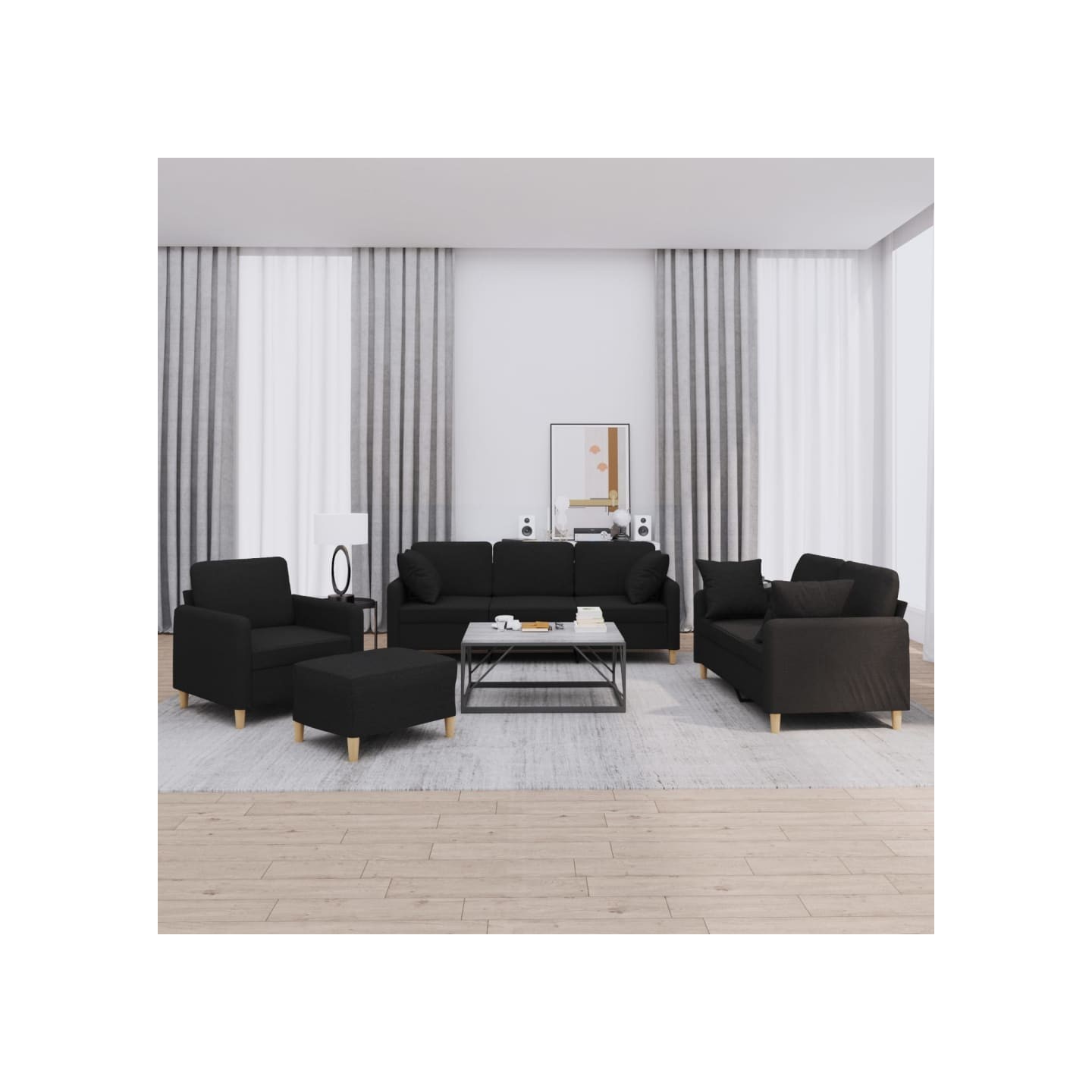 Ensemble de canapés 4 pcs avec coussins noir tissu