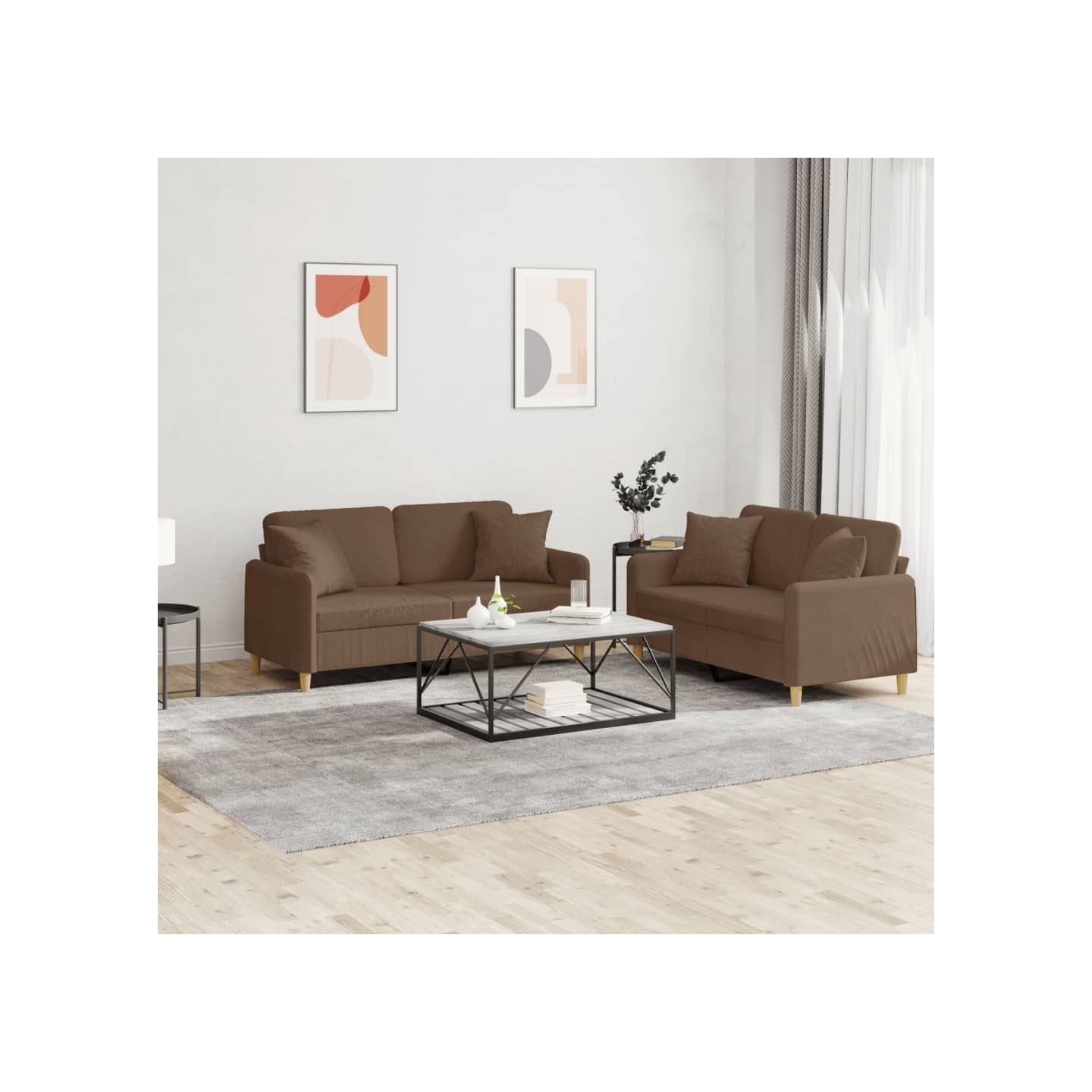 Ensemble de canapés 2 pcs avec coussins marron tissu