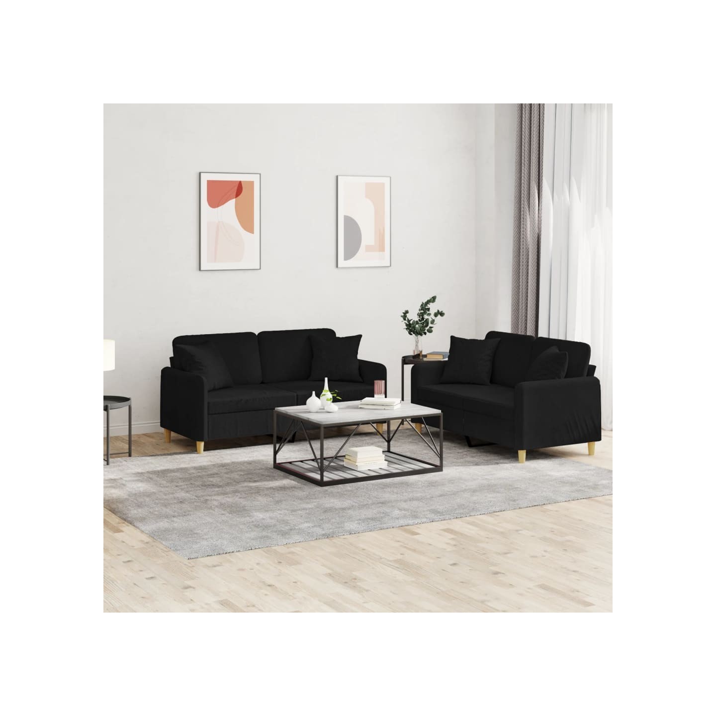 Ensemble de canapés 2 pcs avec coussins noir tissu