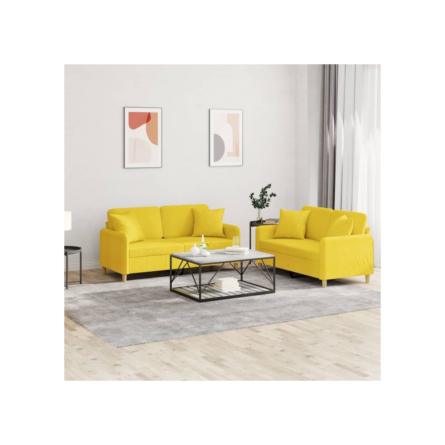 Ensemble de canapés 2 pcs avec coussins jaune clair tissu