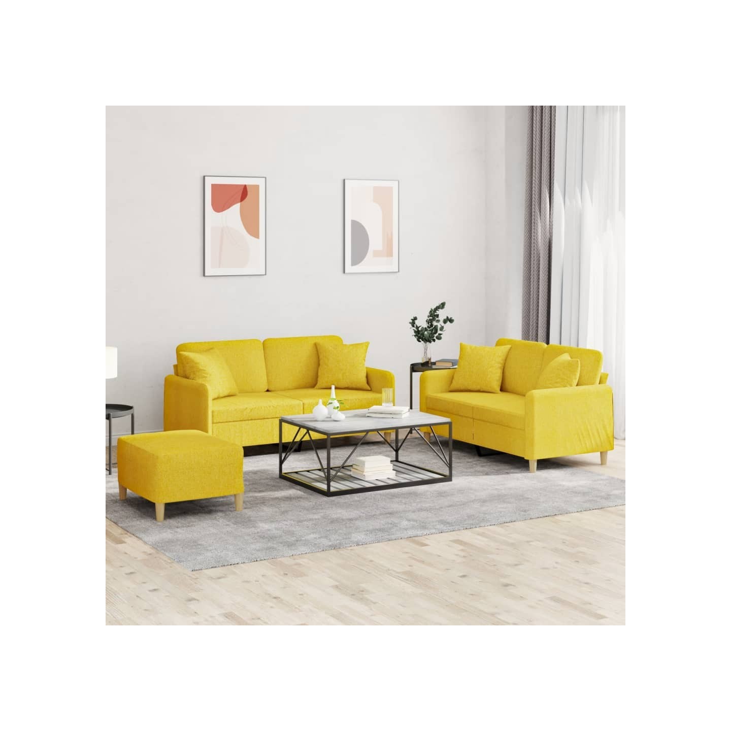 Ensemble de canapés 3 pcs avec coussins jaune clair tissu