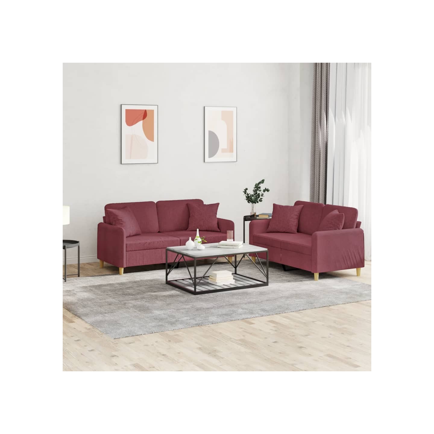 Ensemble de canapés 2 pcs avec coussins rouge bordeaux tissu