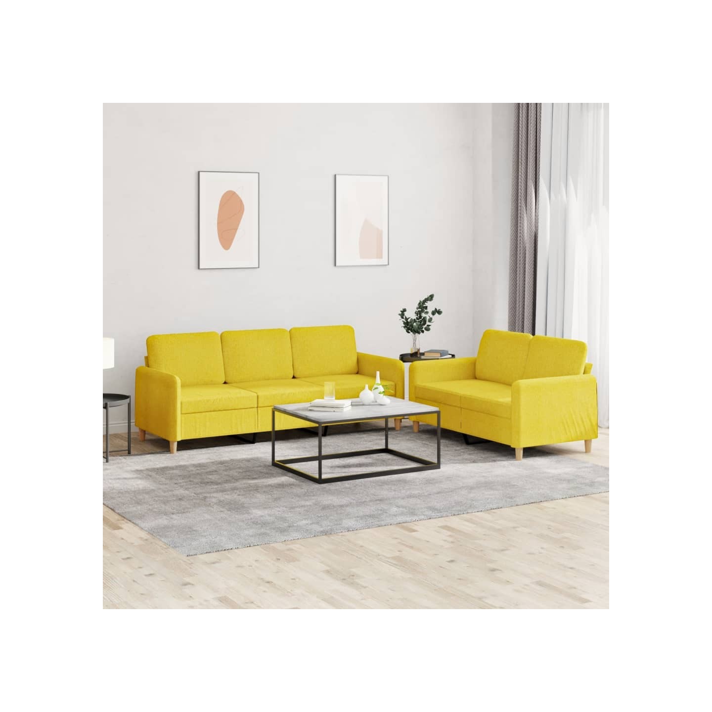 Ensemble de canapés 2 pcs avec coussins Jaune clair Tissu