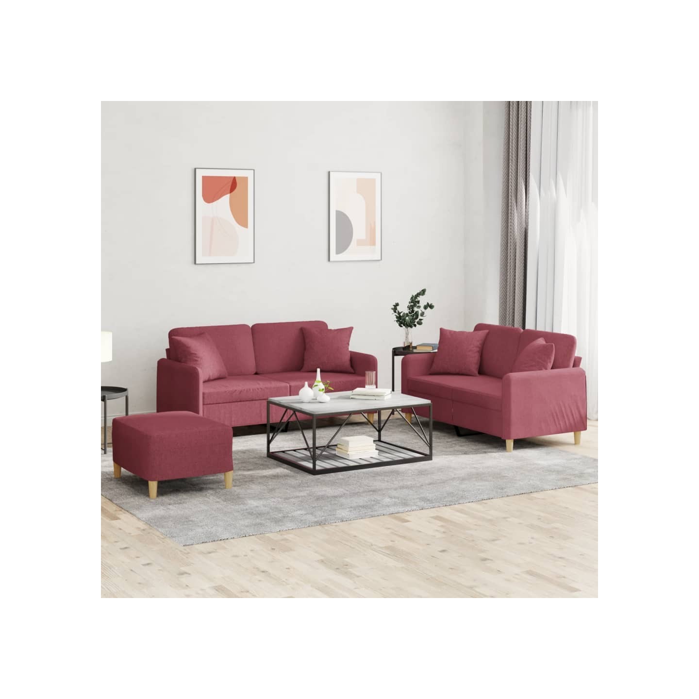 Ensemble de canapés 3 pcs avec coussins rouge bordeaux tissu