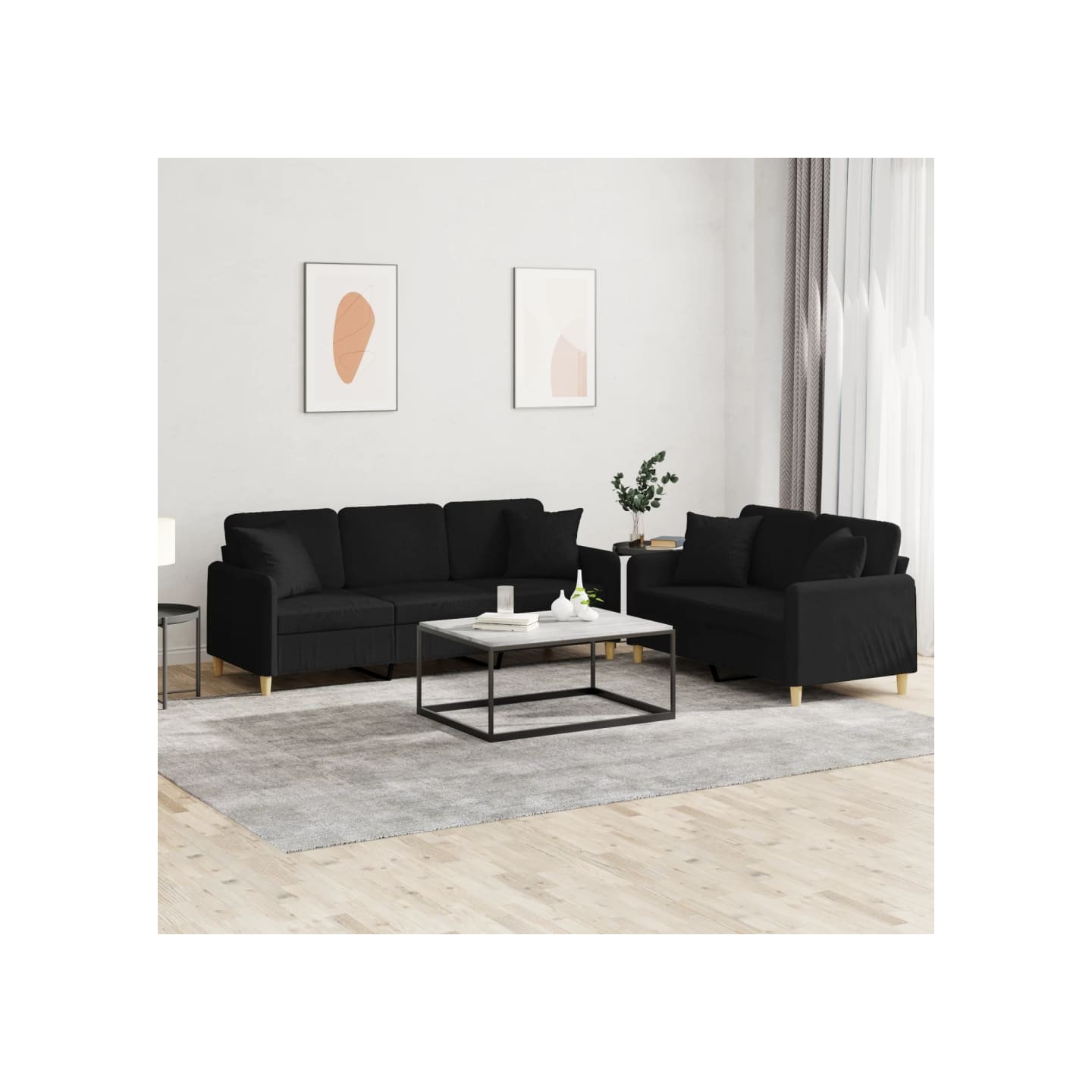 Ensemble de canapés 2 pcs avec coussins noir tissu