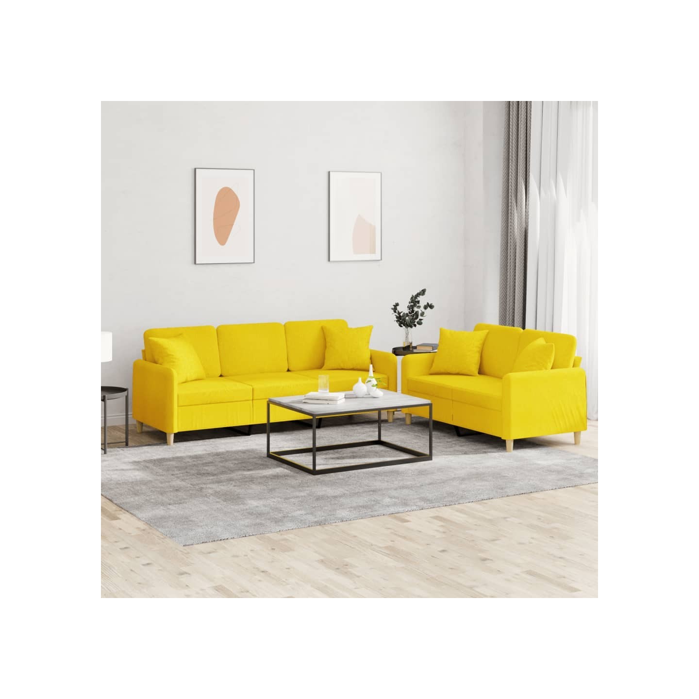 Ensemble de canapés 2 pcs avec coussins jaune clair tissu