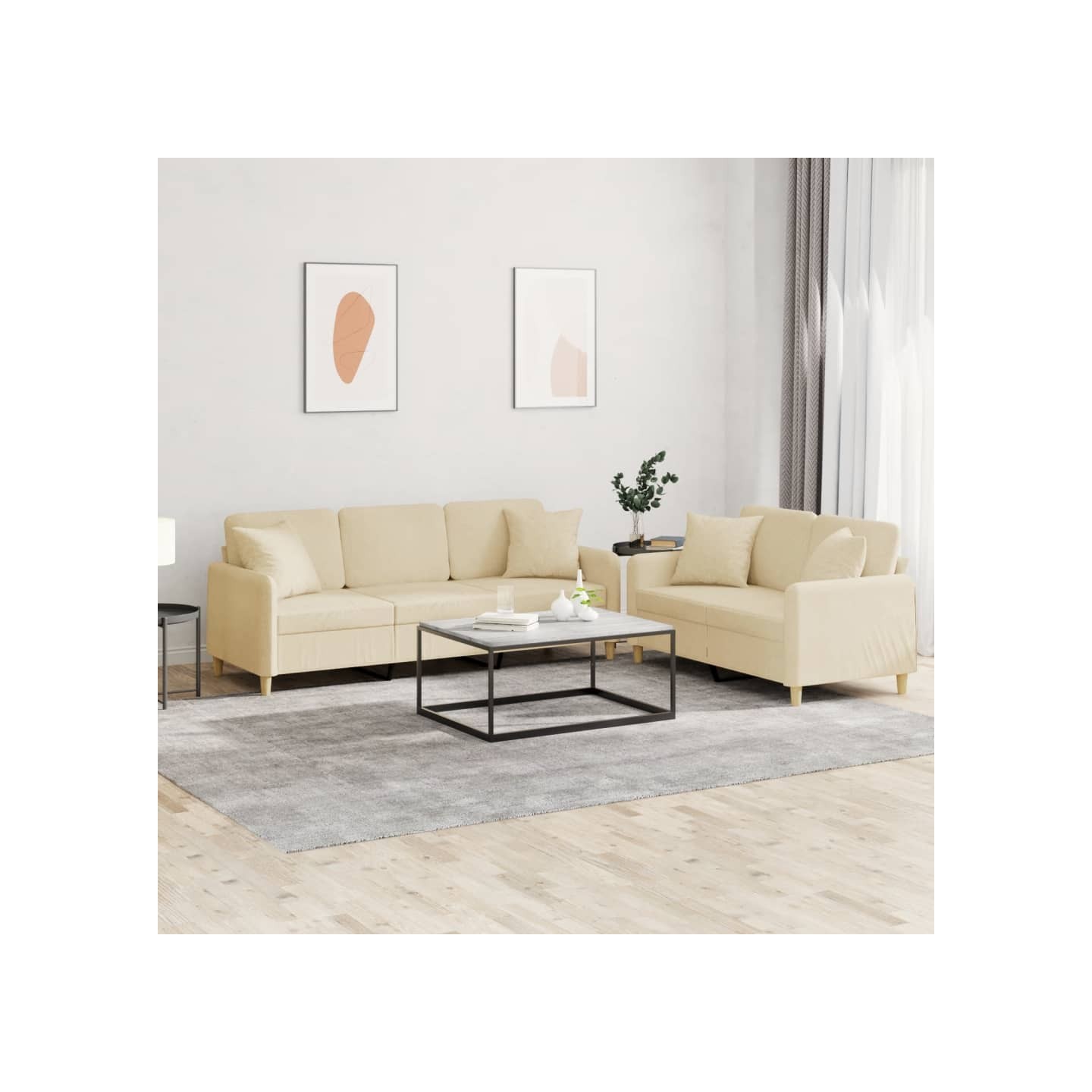 Ensemble de canapés 2 pcs avec coussins crème tissu
