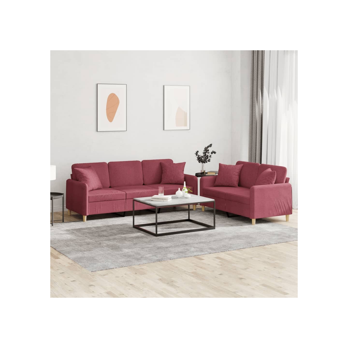 Ensemble de canapés 2 pcs avec coussins rouge bordeaux tissu