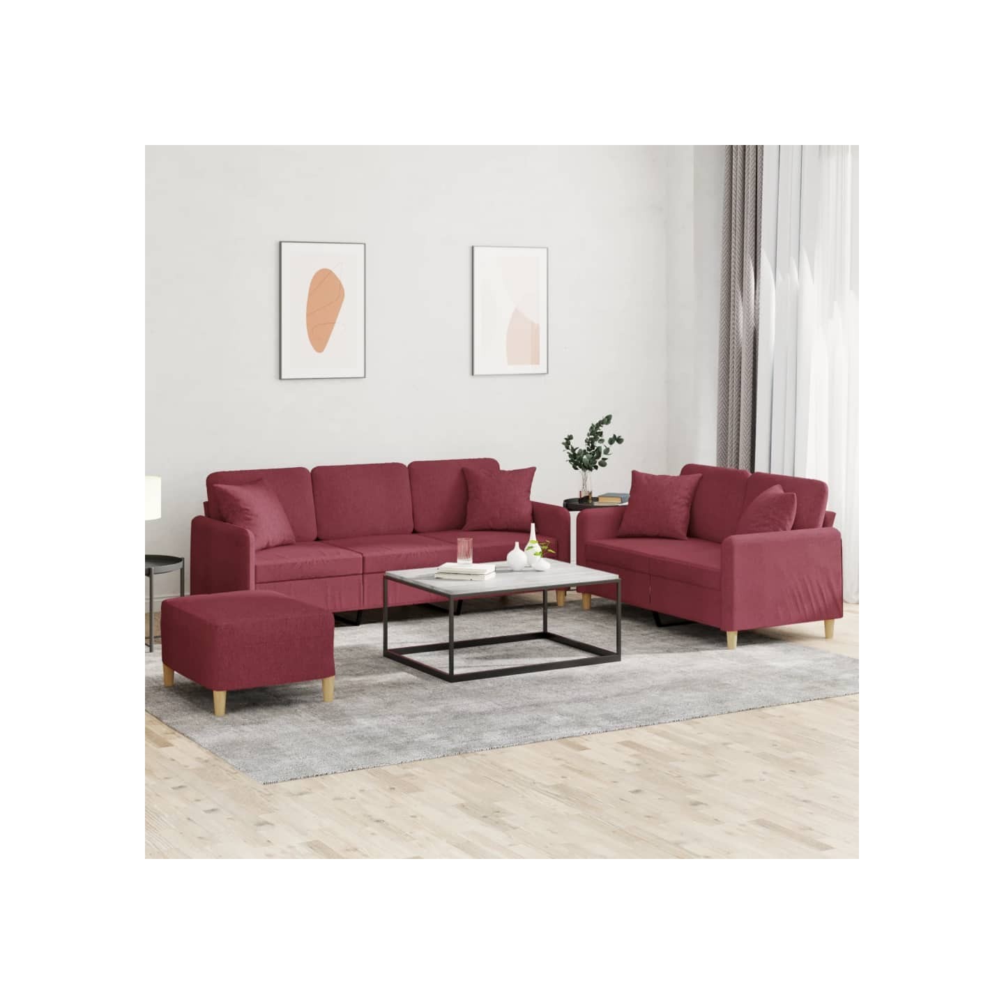 Ensemble de canapés 3 pcs avec coussins rouge bordeaux tissu