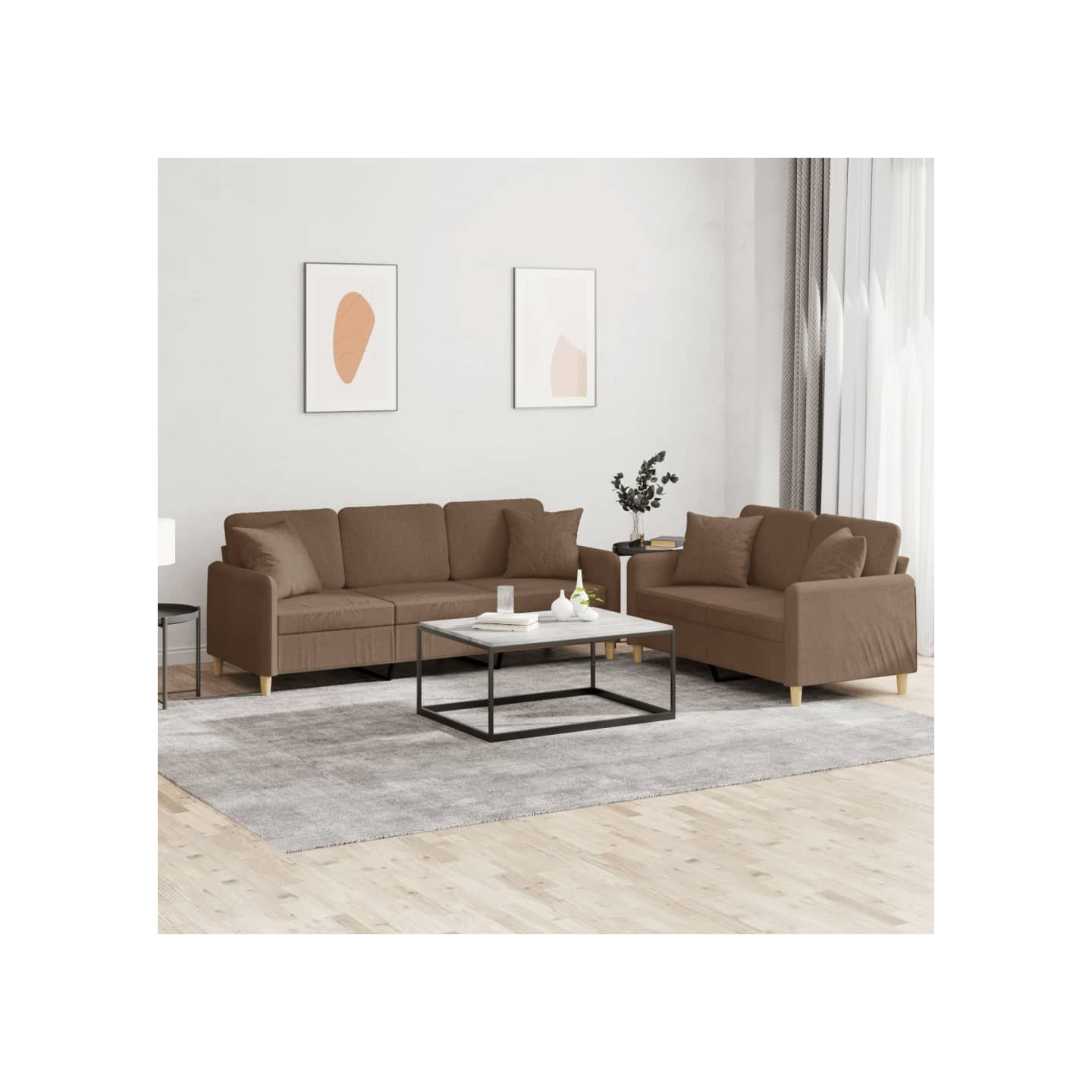 Ensemble de canapés 2 pcs avec coussins marron tissu