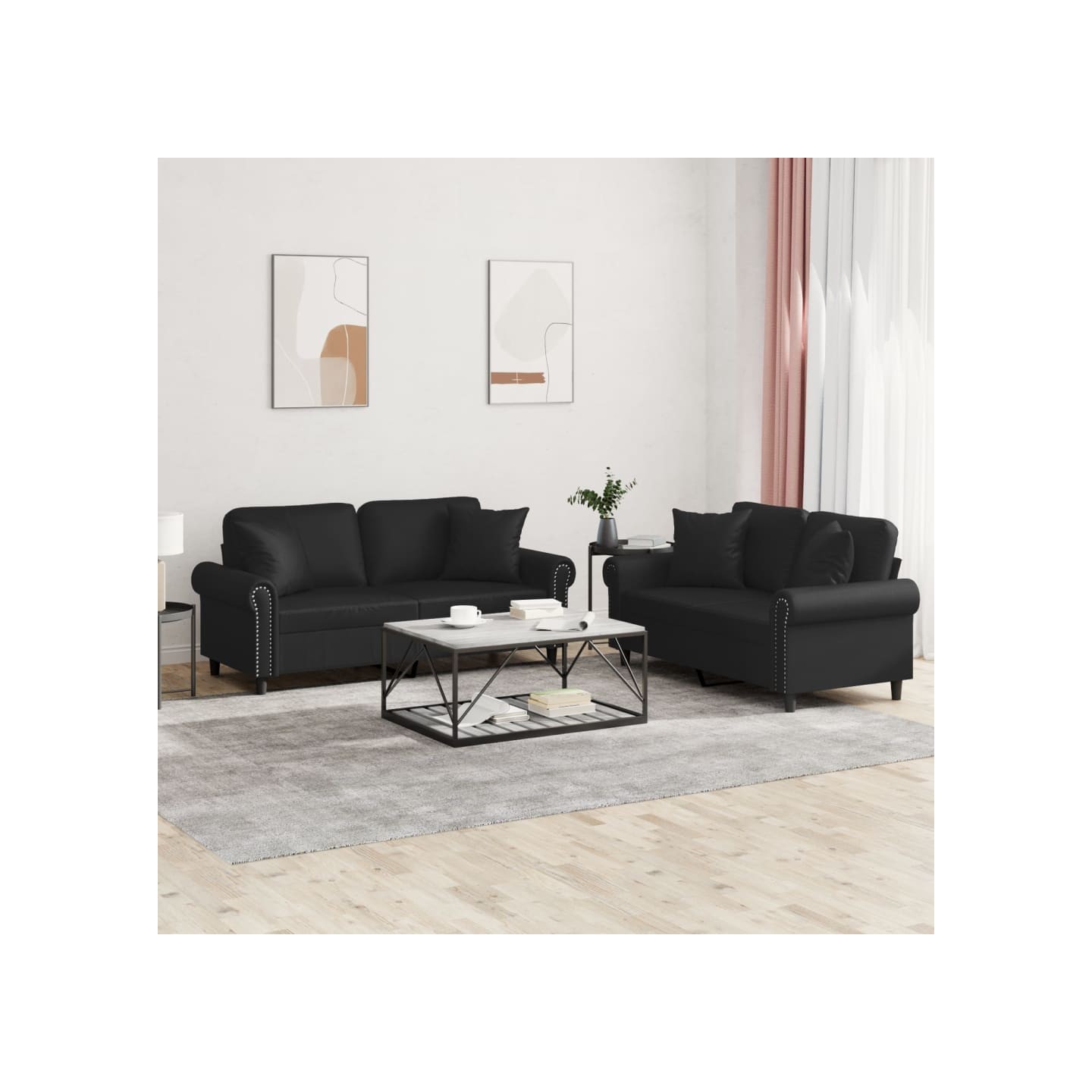 Ensemble de canapés 2 pcs avec coussins noir similicuir