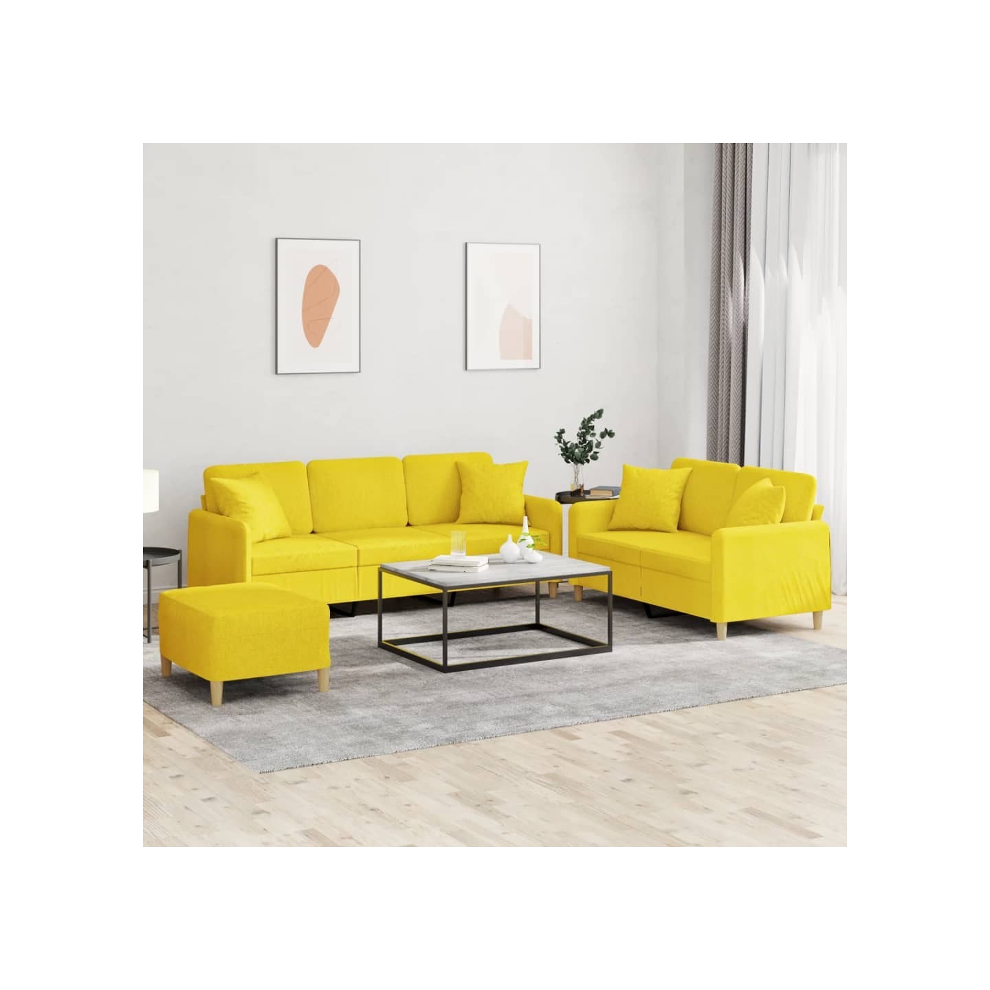 Ensemble de canapés 3 pcs avec coussins jaune clair tissu