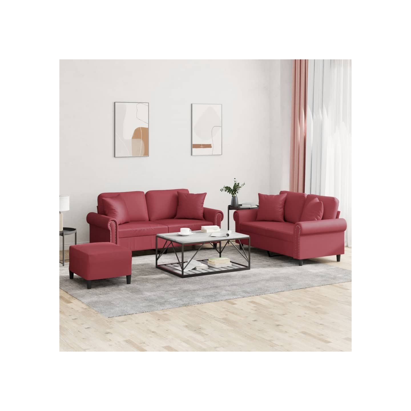 Ensemble de canapés 3 pcs et coussins rouge bordeaux similicuir