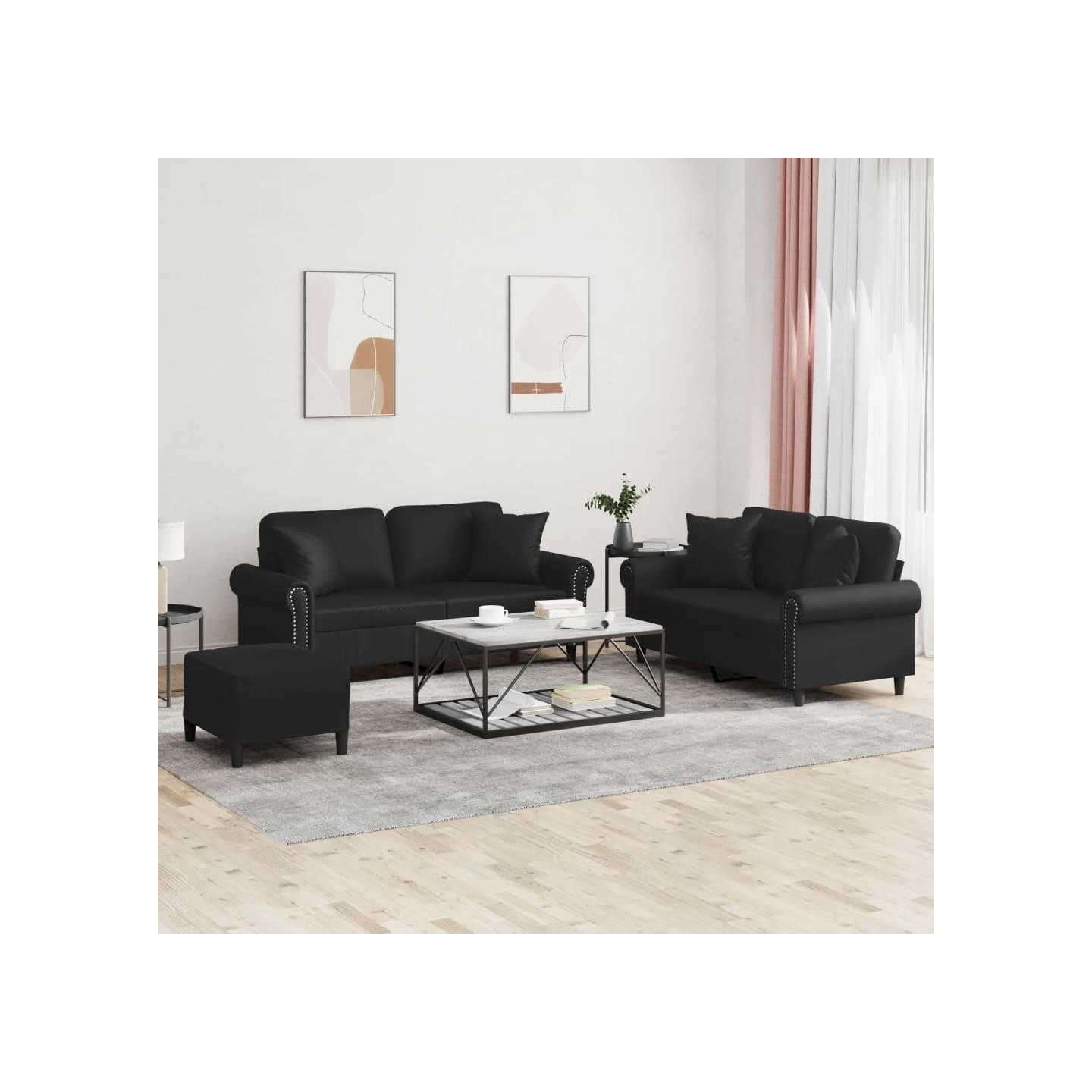 Ensemble de canapés 3 pcs avec coussins noir similicuir