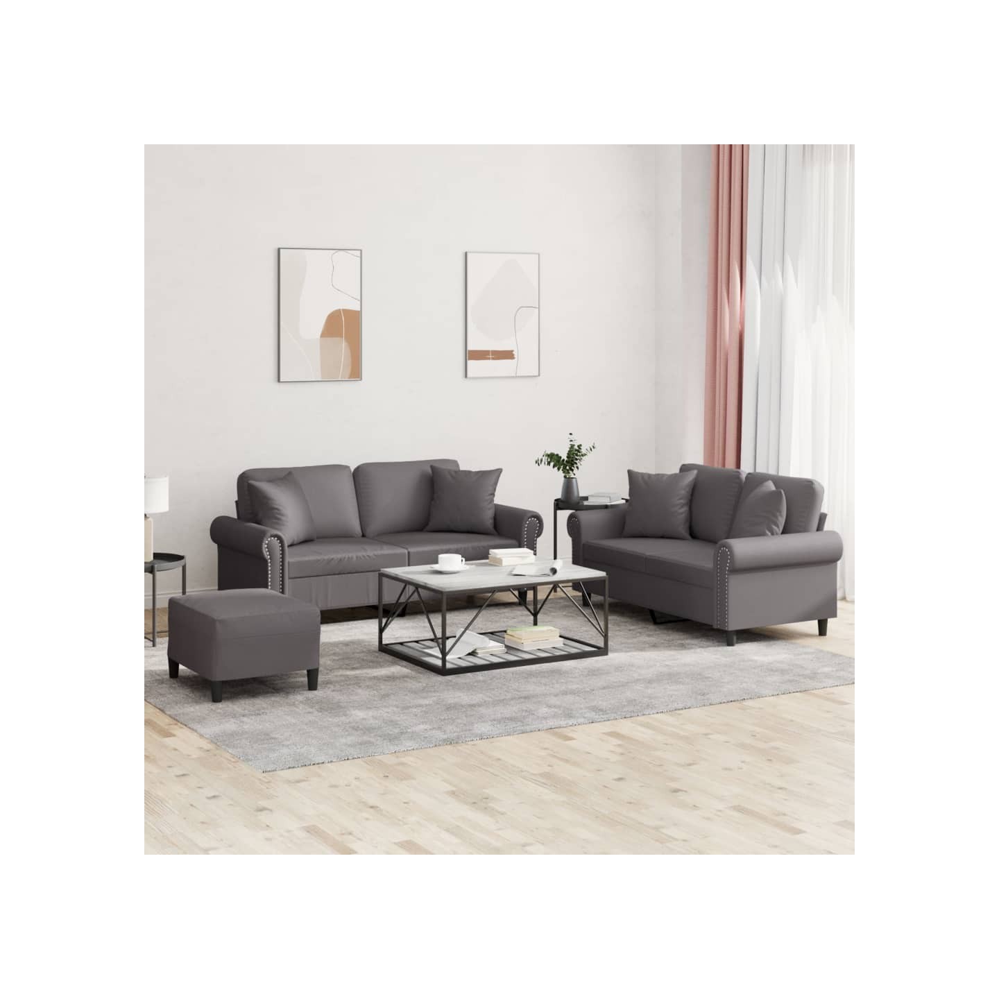 Ensemble de canapés 3 pcs avec coussins gris similicuir