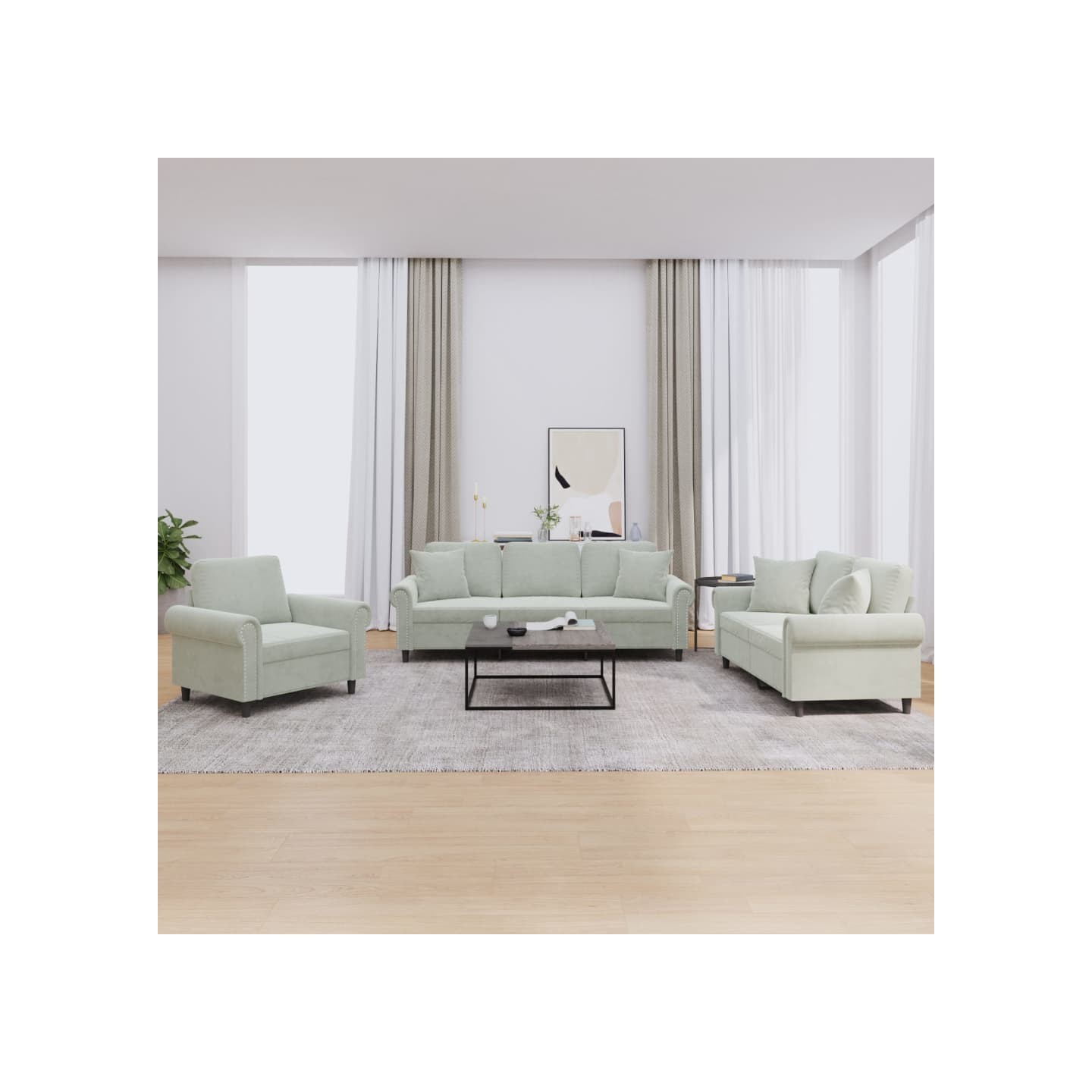 Ensemble de canapés 3 pcs avec coussins gris clair velours