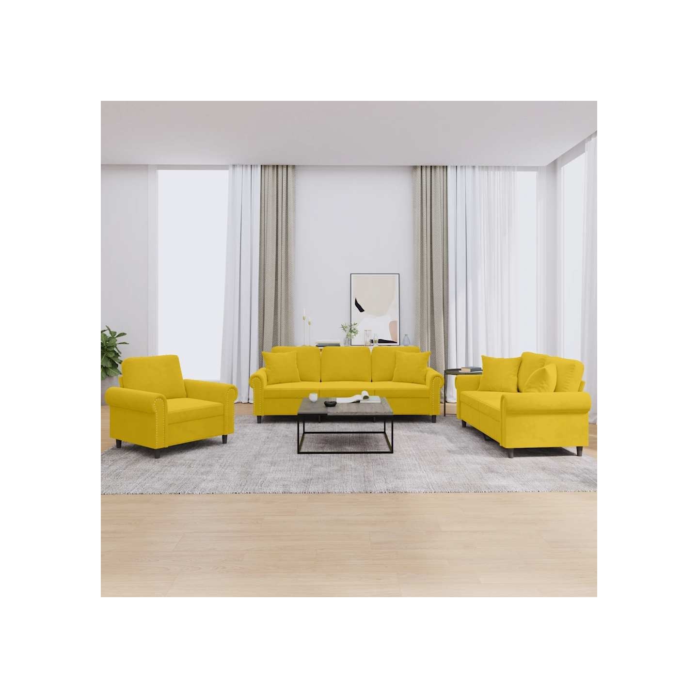 Ensemble de canapés 3 pcs avec coussins jaune velours