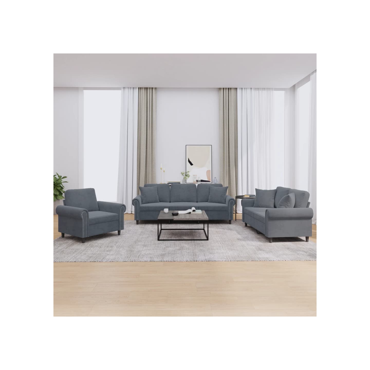 Ensemble de canapés 3 pcs avec coussins gris foncé velours