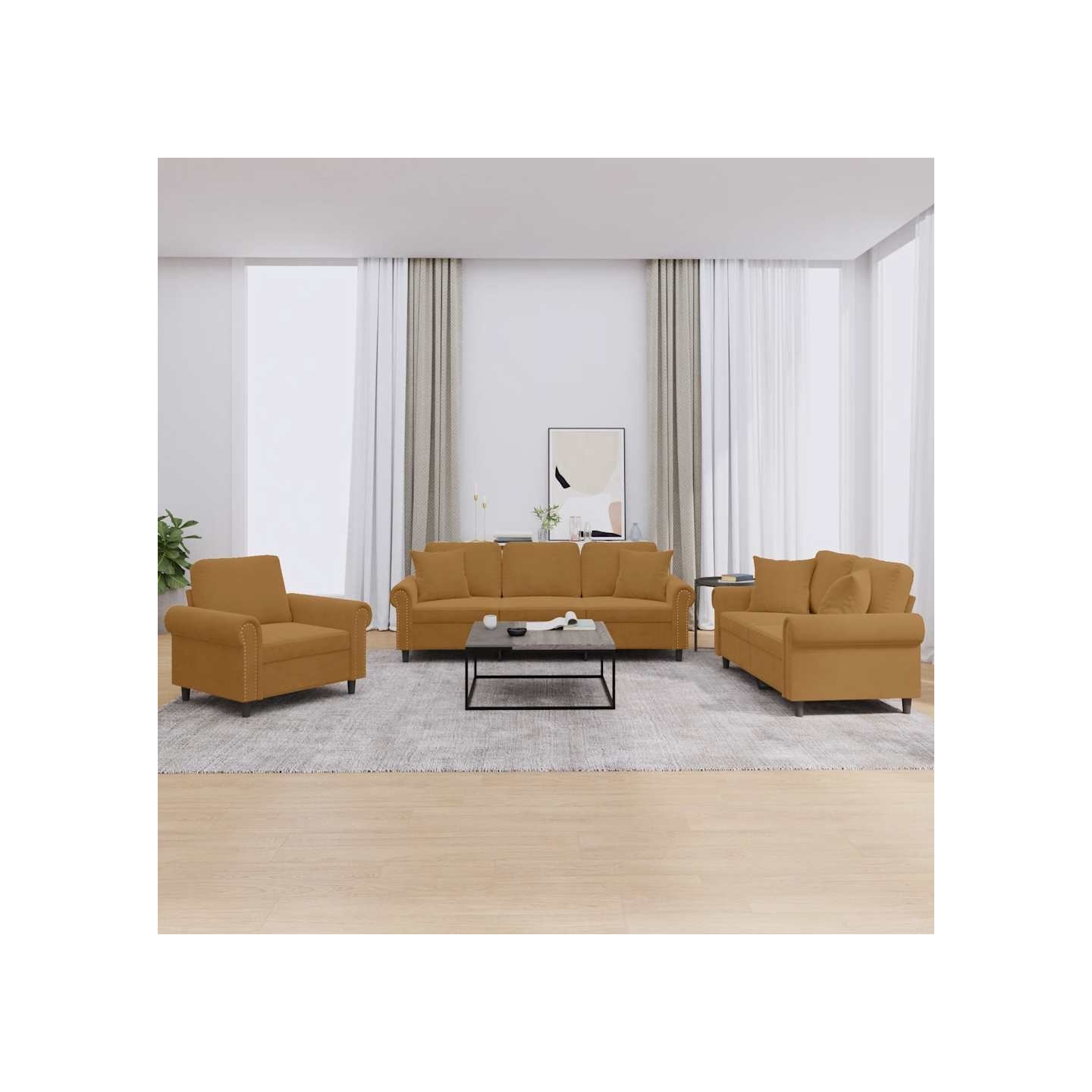 Ensemble de canapés 3 pcs avec coussins marron velours