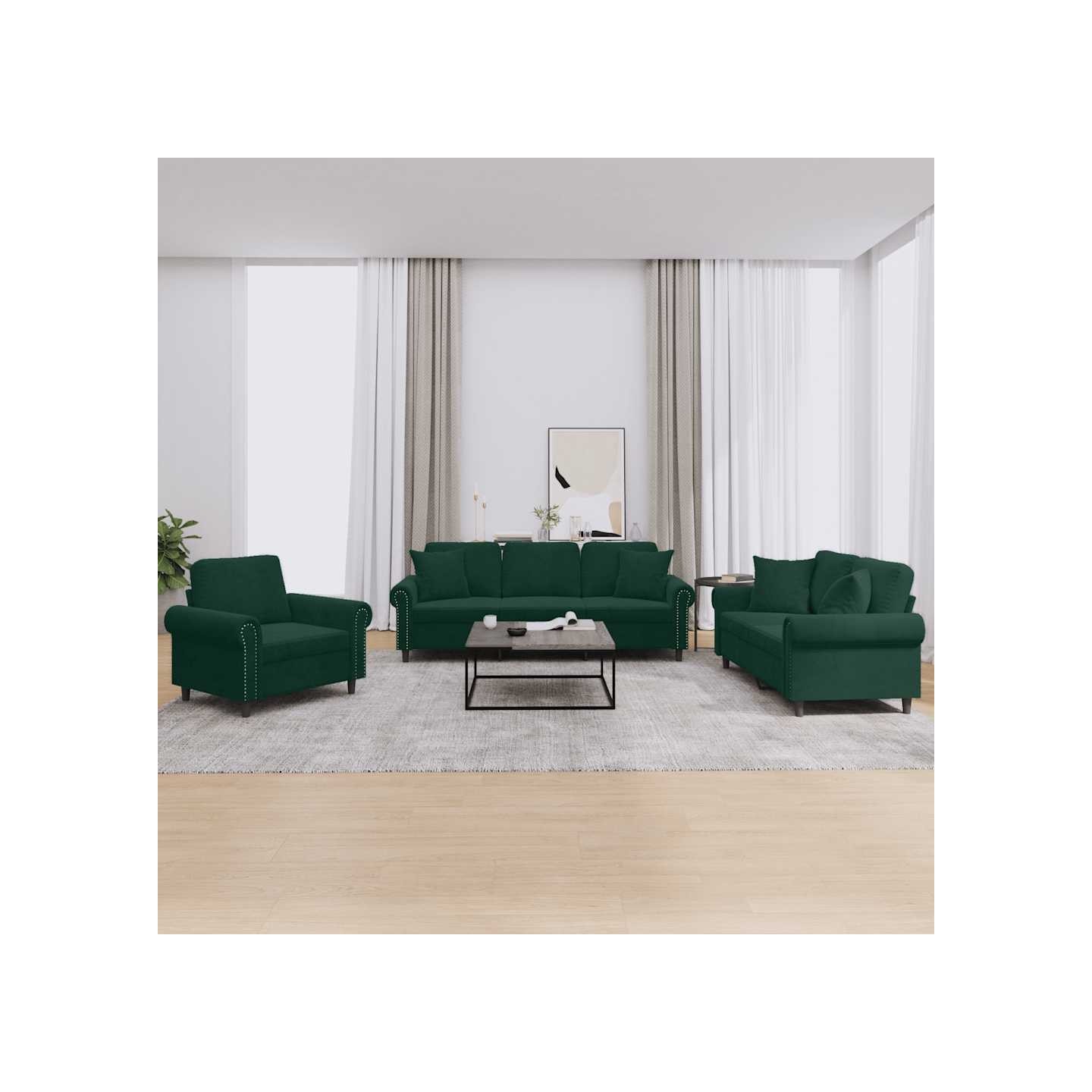 Ensemble de canapés 3 pcs avec coussins vert foncé velours