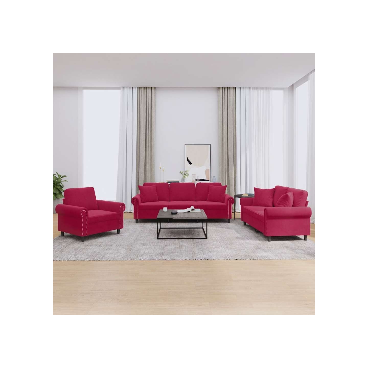 Ensemble de canapés 3 pcs avec coussins rouge bordeaux velours