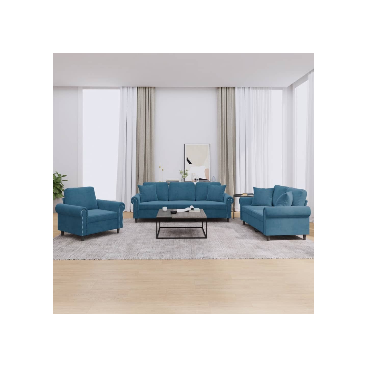 Ensemble de canapés 3 pcs avec coussins bleu velours