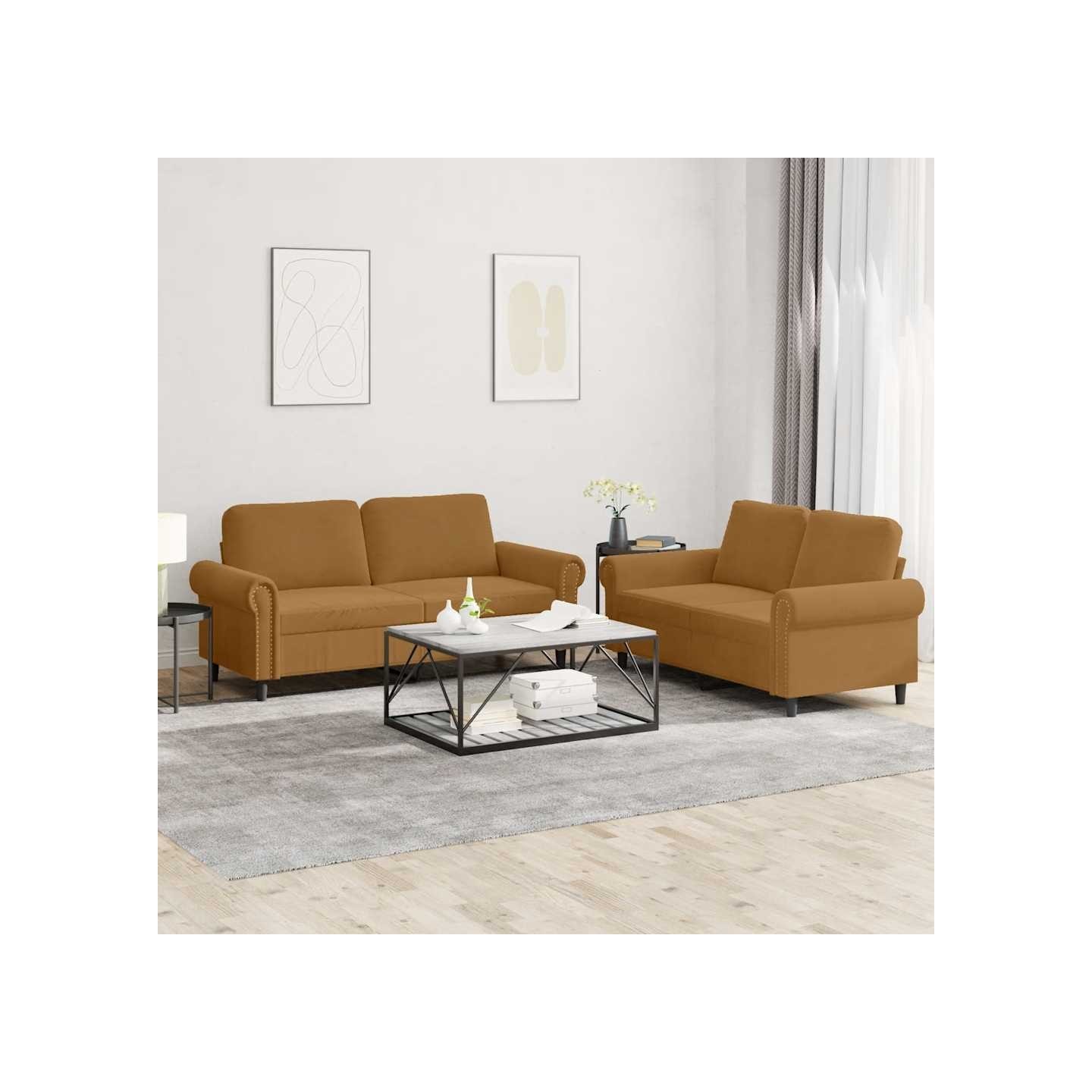 Ensemble de canapés 2 pcs avec coussins Marron Velours