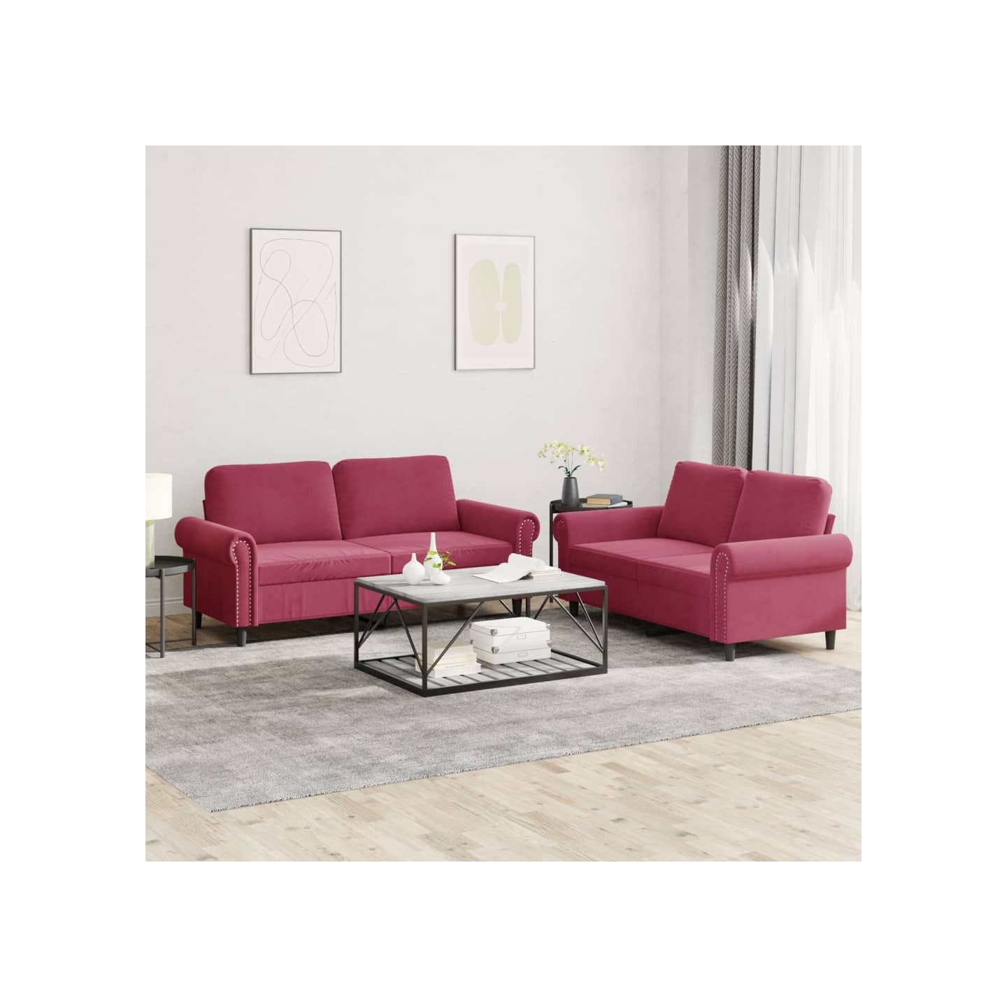 Ensemble de canapés 2 pcs avec coussins Rouge bordeaux Velours