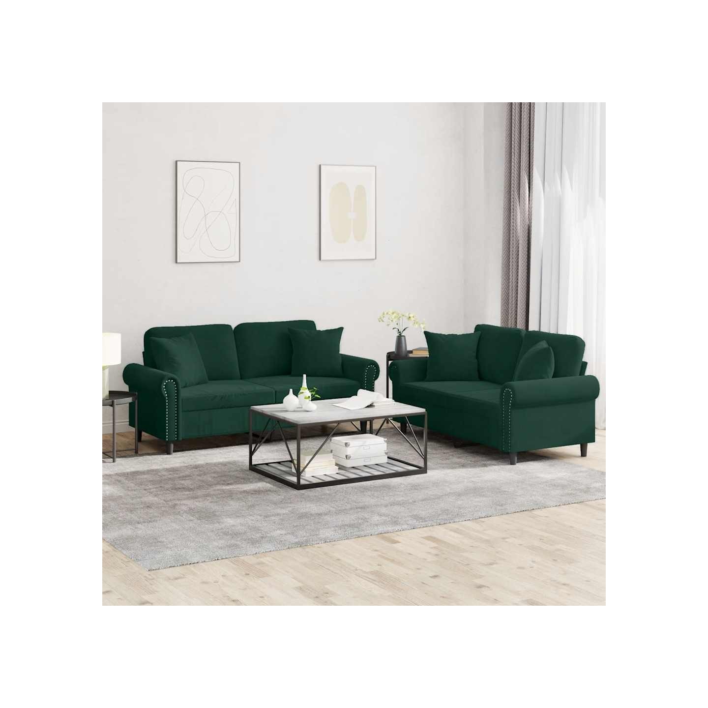 Ensemble de canapés 2 pcs avec coussins vert foncé velours