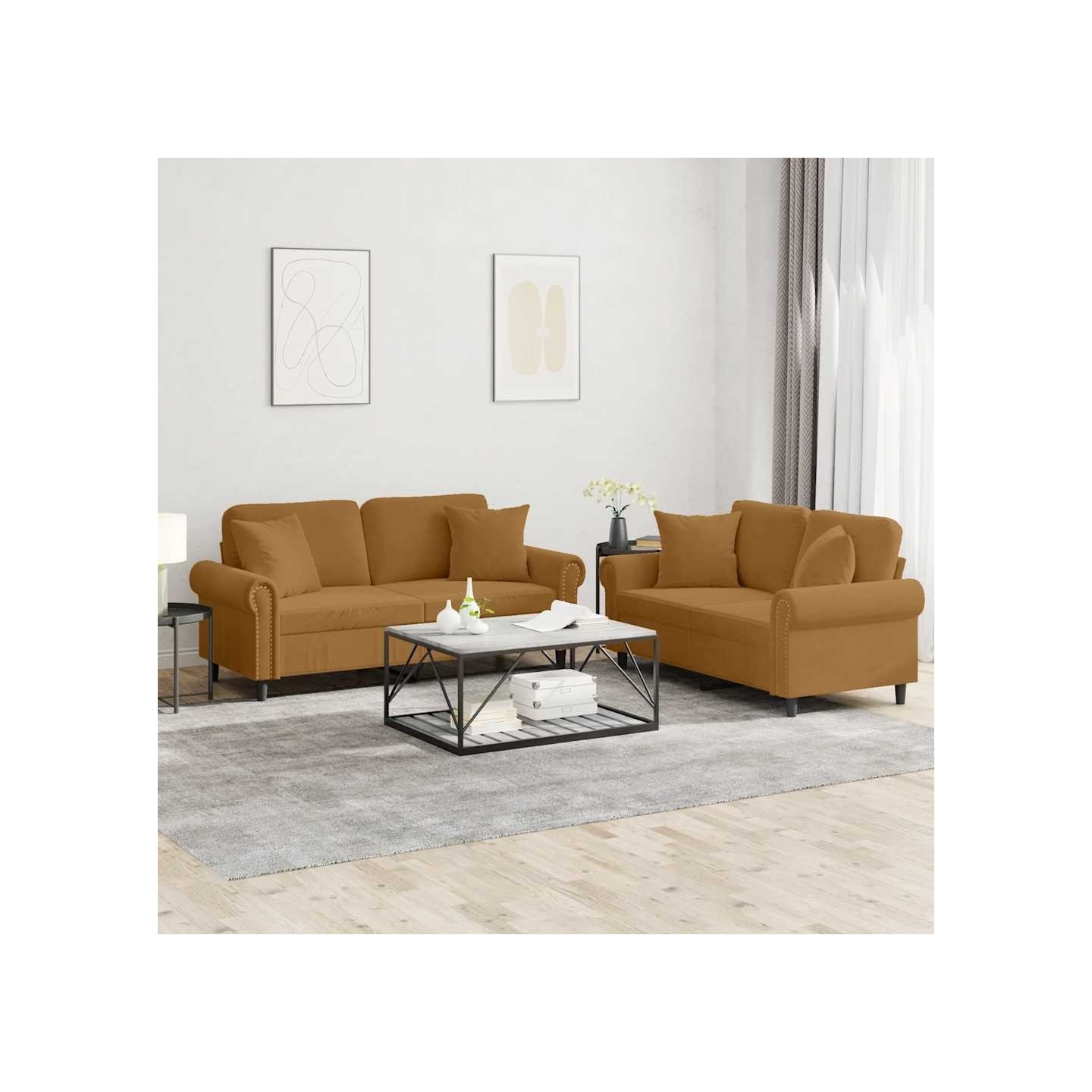 Ensemble de canapés 2 pcs avec coussins marron velours
