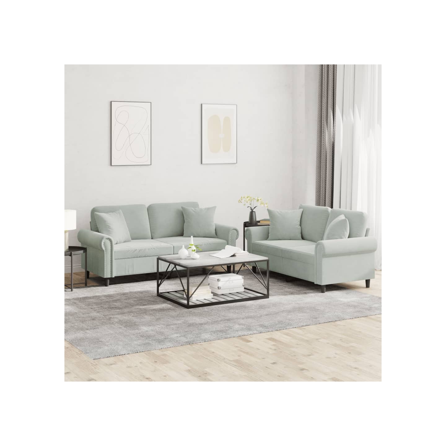 Ensemble de canapés 2 pcs avec coussins gris clair velours