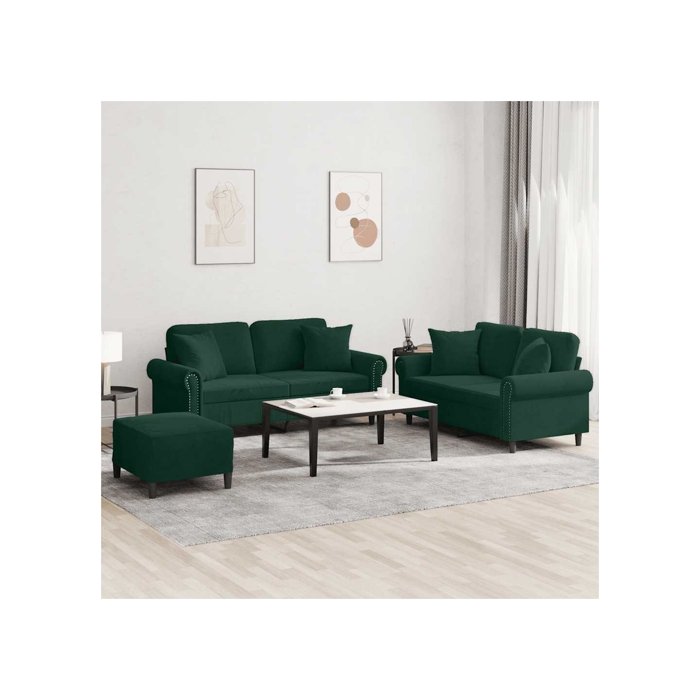Ensemble de canapés 3 pcs avec coussins vert foncé velours
