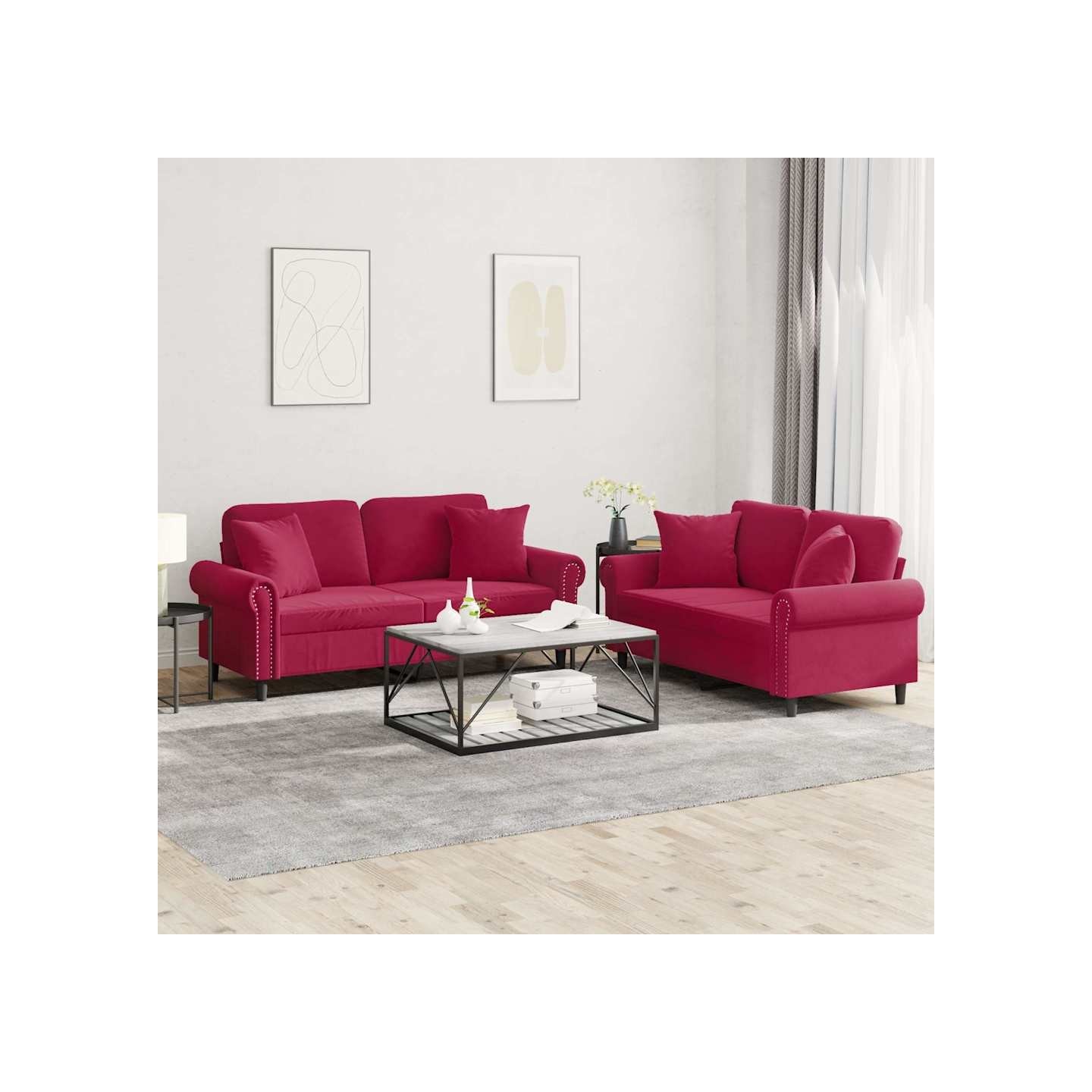 Ensemble de canapés 2 pcs avec coussins rouge bordeaux velours