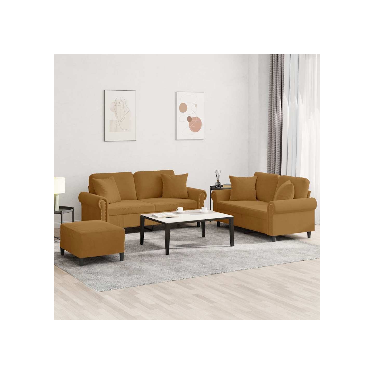 Ensemble de canapés 3 pcs avec coussins marron velours