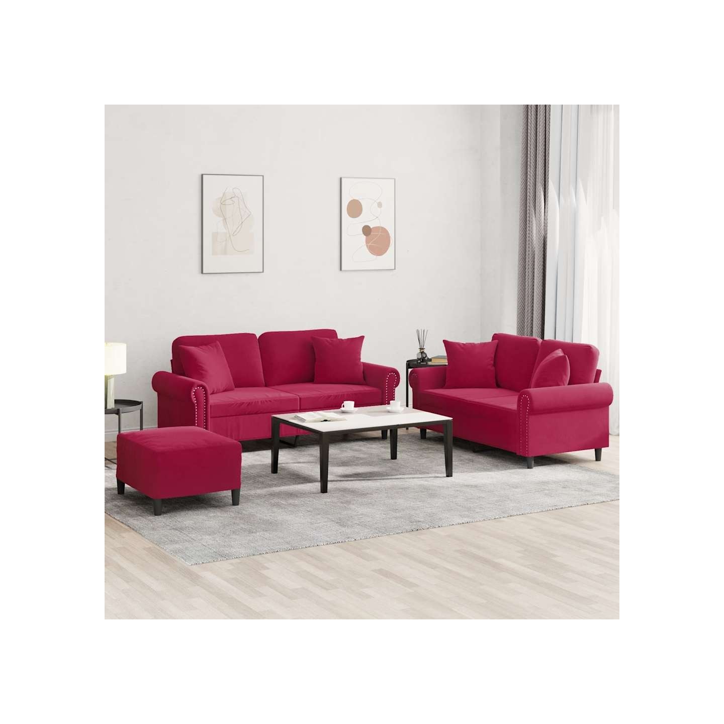 Ensemble de canapés 3 pcs avec coussins rouge bordeaux velours