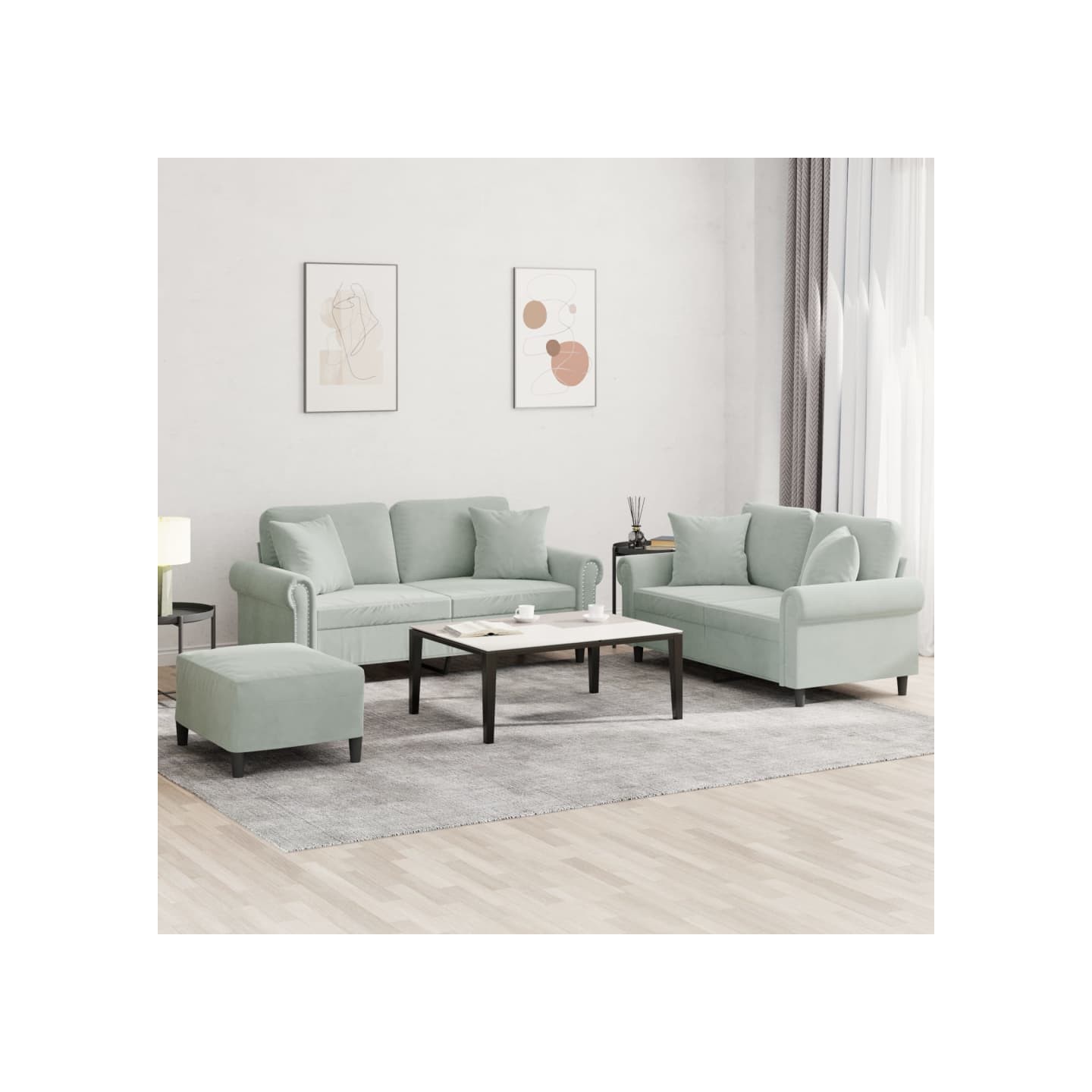 Ensemble de canapés 3 pcs avec coussins gris clair velours