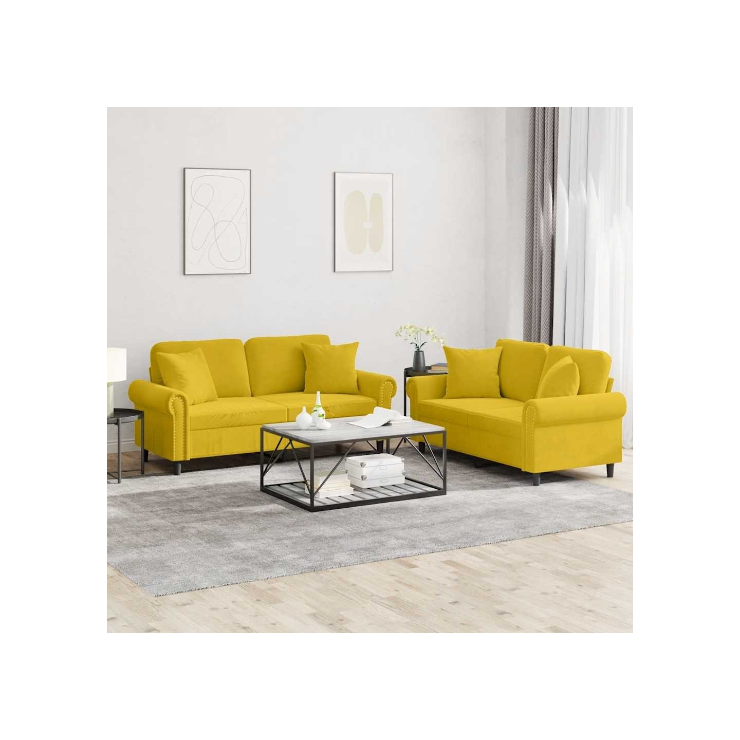 Ensemble de canapés 2 pcs avec coussins jaune velours