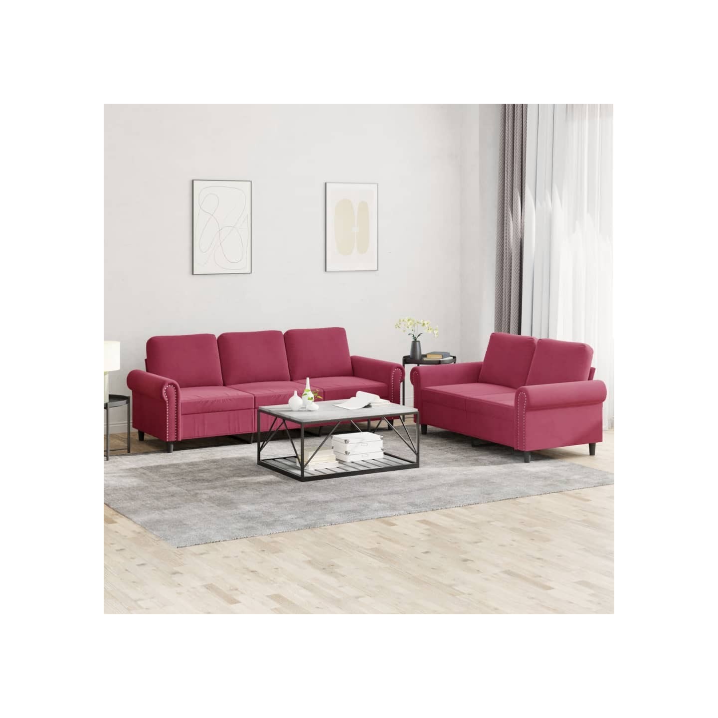 Ensemble de canapés 2 pcs avec coussins Rouge bordeaux Velours