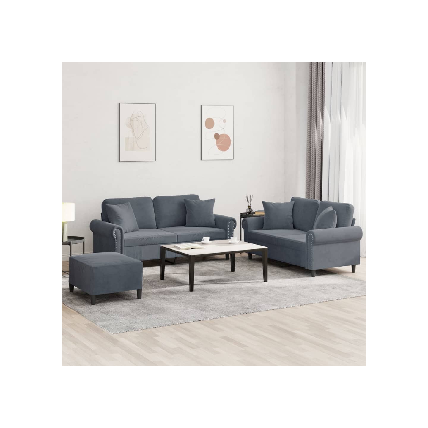 Ensemble de canapés 3 pcs avec coussins gris foncé velours