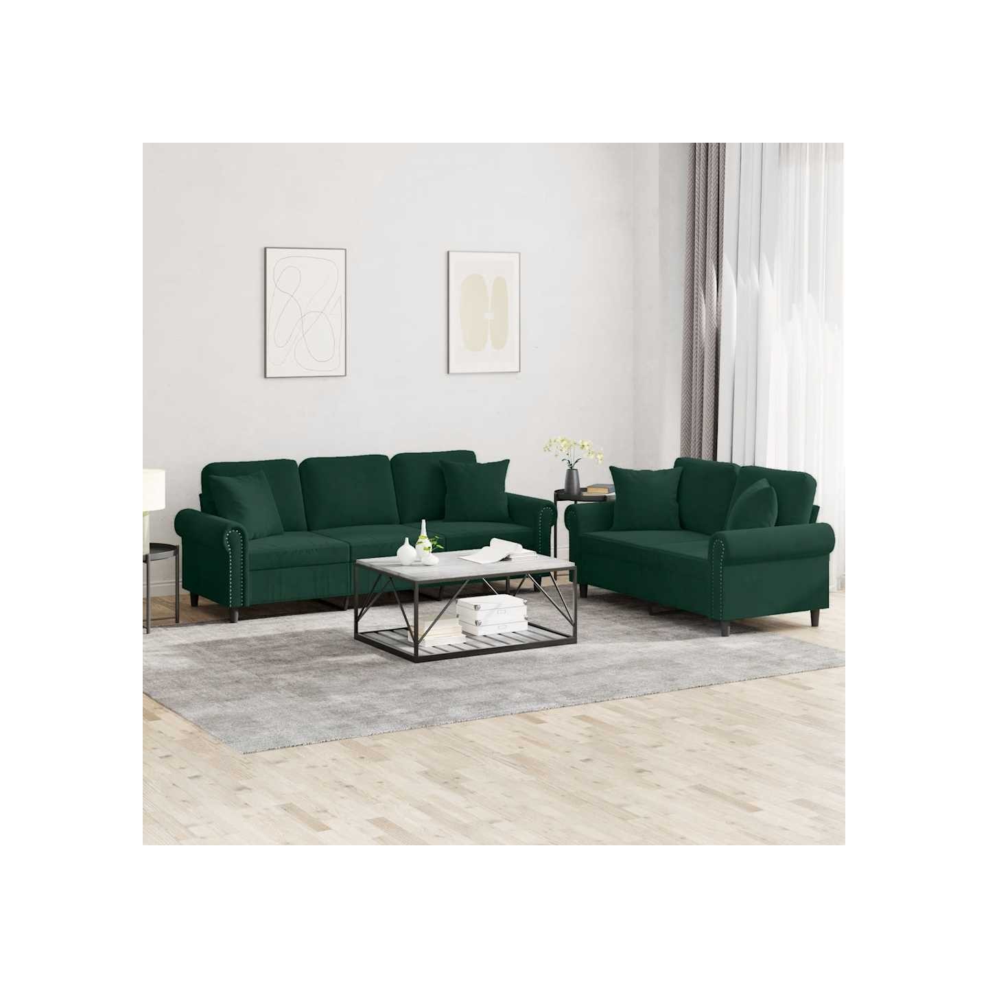 Ensemble de canapés 2 pcs avec coussins vert foncé velours