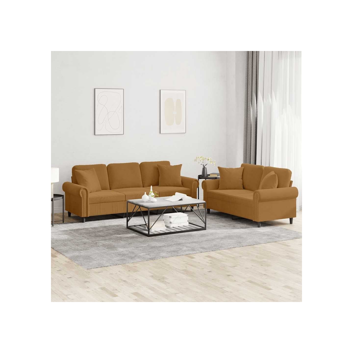 Ensemble de canapés 2 pcs avec coussins marron velours