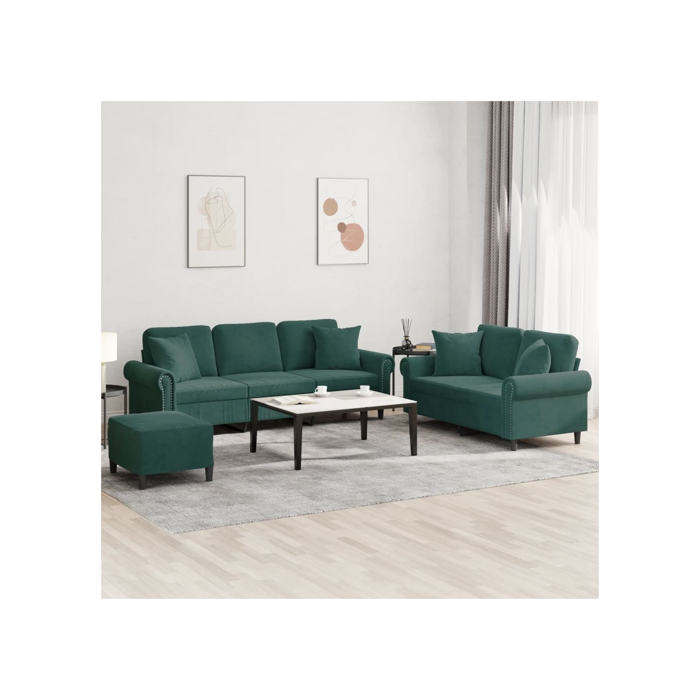 Ensemble de canapés 3 pcs avec coussins vert foncé velours
