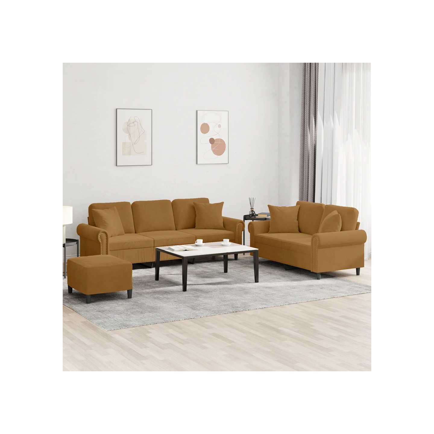 Ensemble de canapés 3 pcs avec coussins marron velours