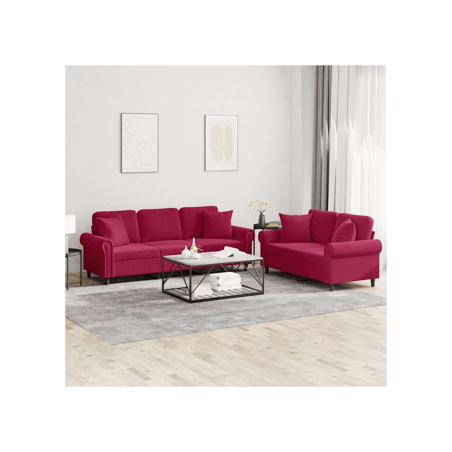 Ensemble de canapés 2 pcs avec coussins rouge bordeaux velours