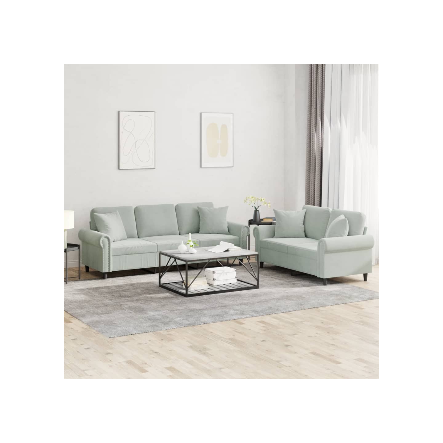 Ensemble de canapés 2 pcs avec coussins gris clair velours