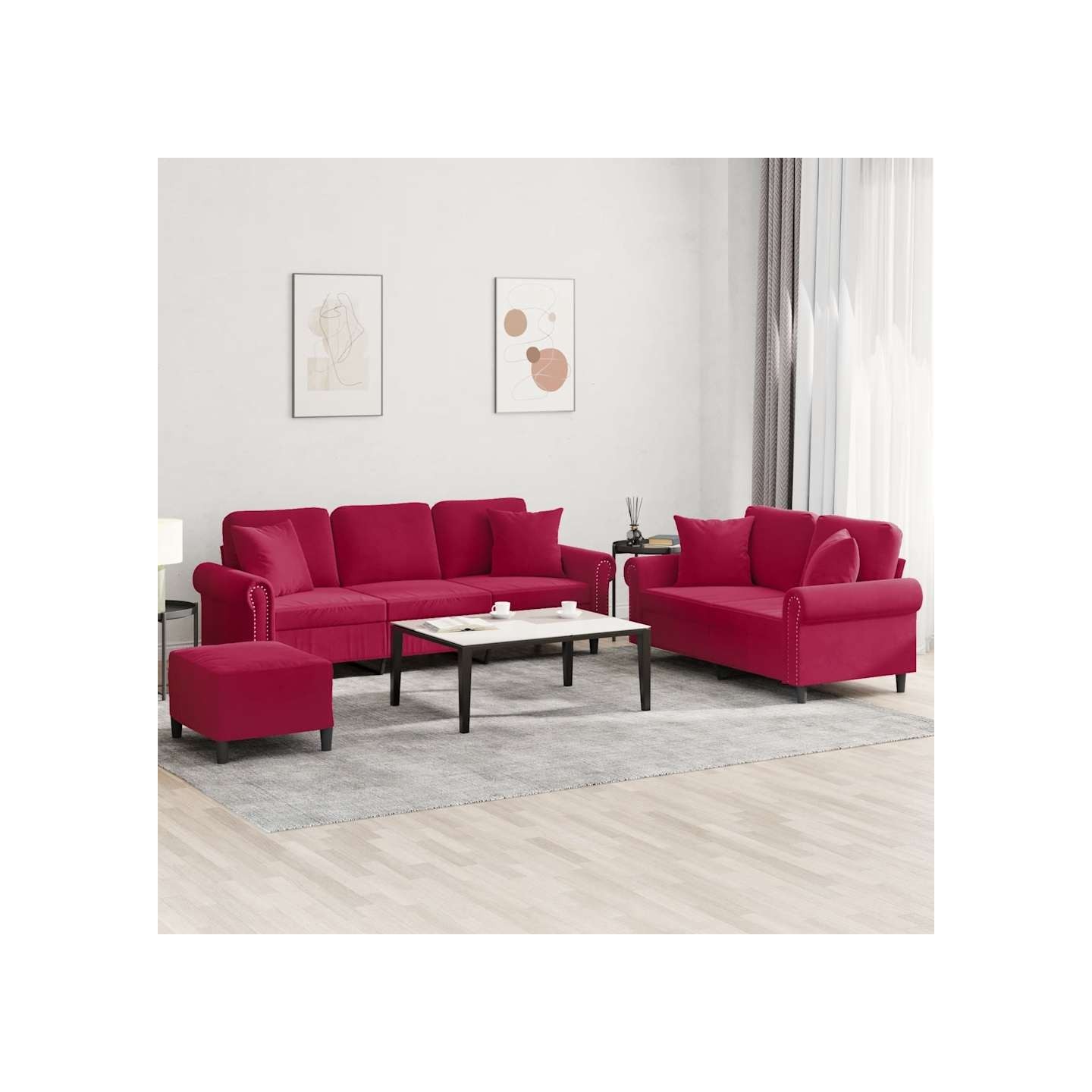 Ensemble de canapés 3 pcs avec coussins rouge bordeaux velours