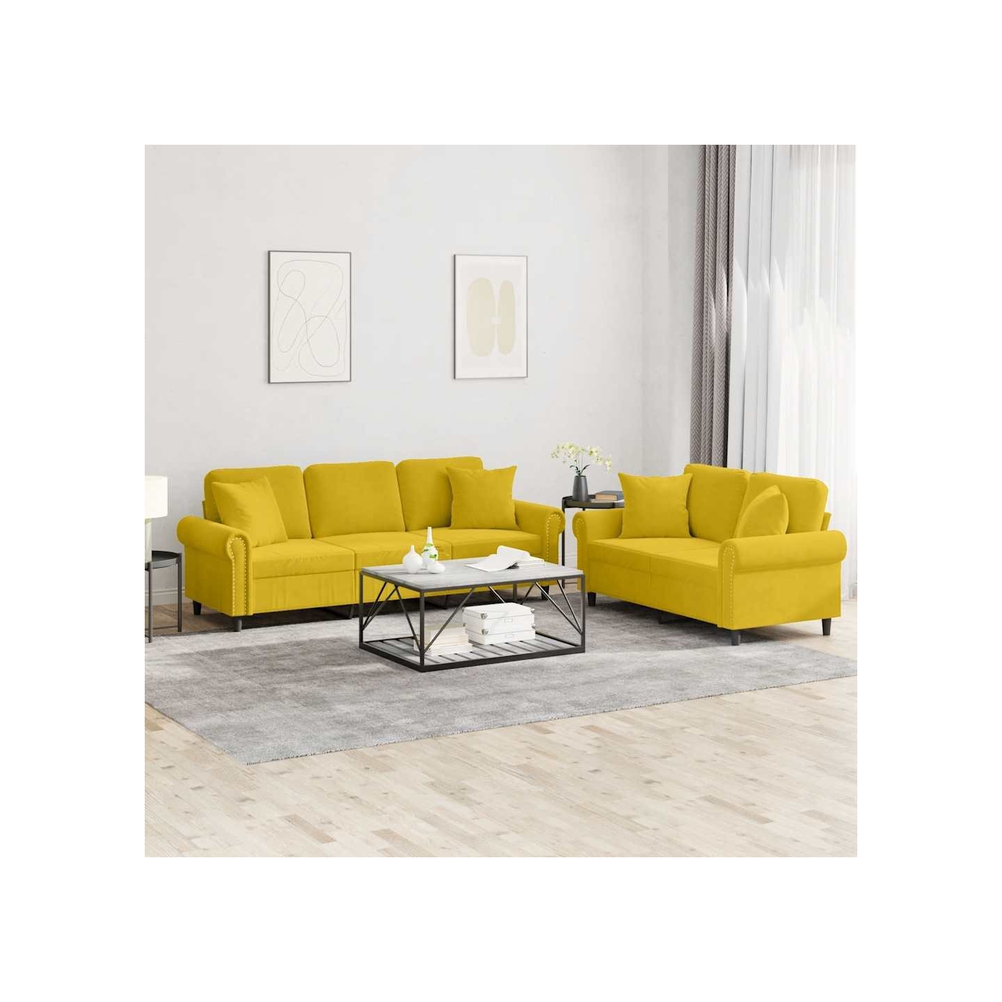 Ensemble de canapés 2 pcs avec coussins jaune velours